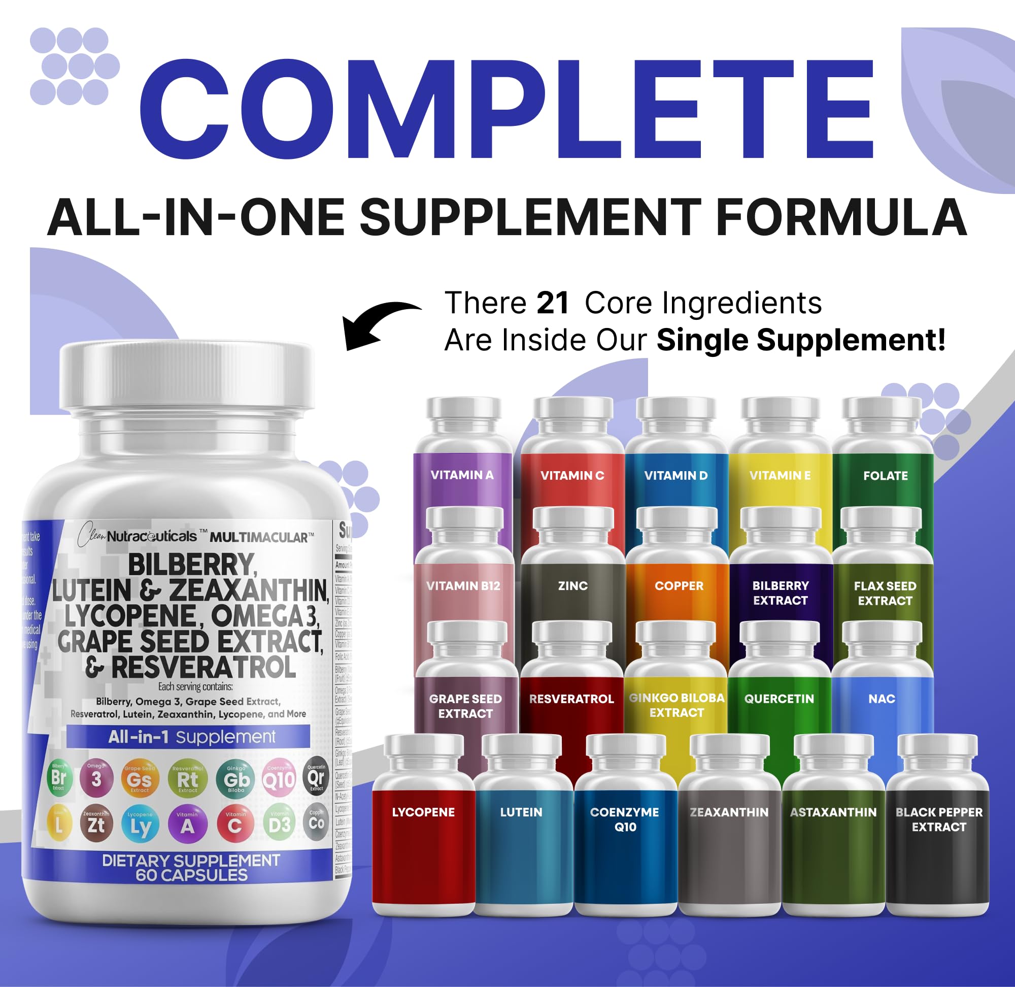 Clean Nutra Eye Vitamins with Bilberry Lutein and Zeaxanthin Supplements Lycopene 40mg Resveratrol Grape Seed Astaxanthin for Eyes - Eye Care Health Support Eye Vitamin and Mineral Supplement