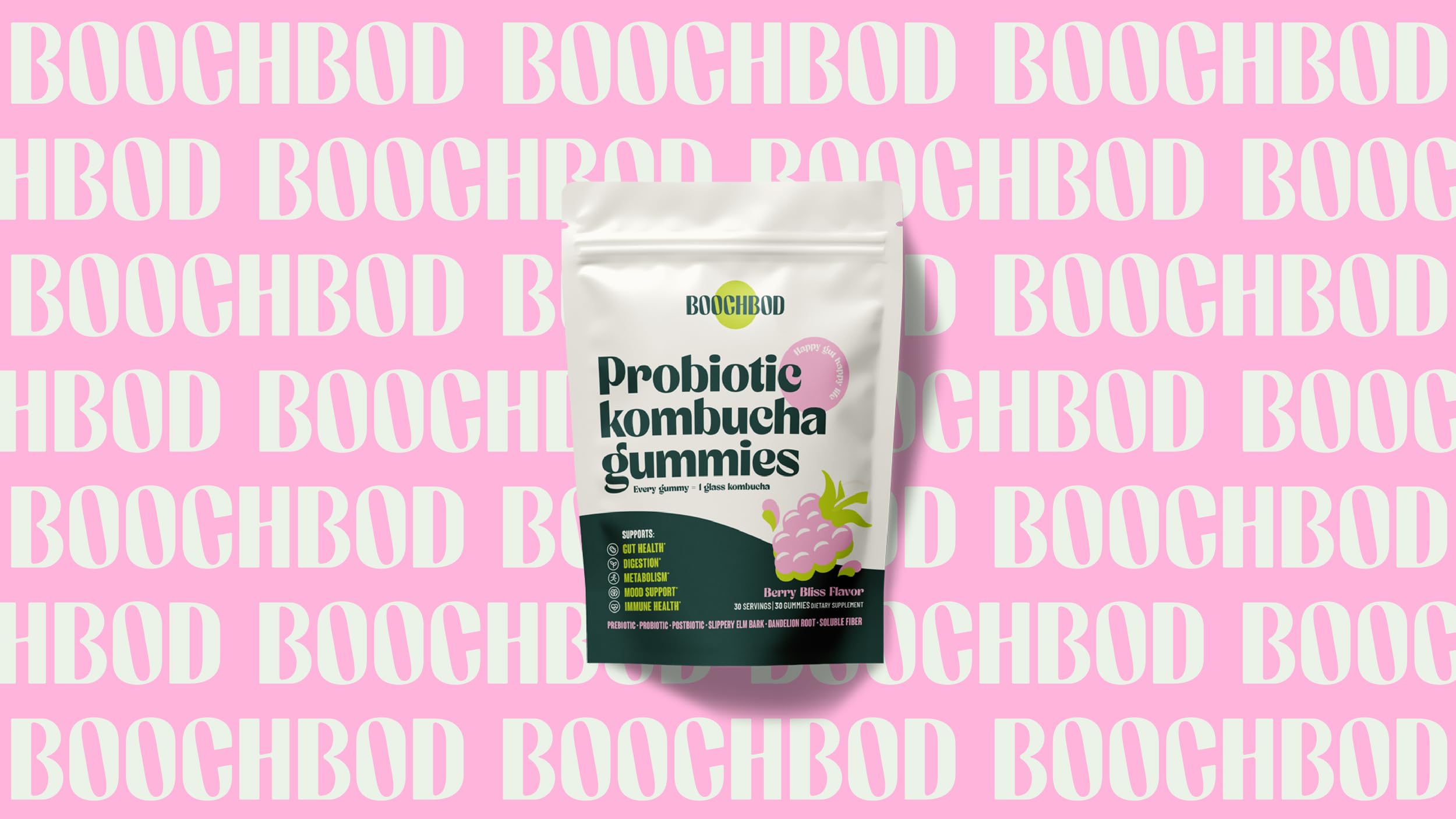 BoochBod - Probiotic Kombucha Gummy - Prebiotics, Probiotics, Postbiotics, Fiber Supplement, Slippery Elm, Dandelion Root, MCT Oil, for Bloating, Gut Health - Probiotics for Women and Men