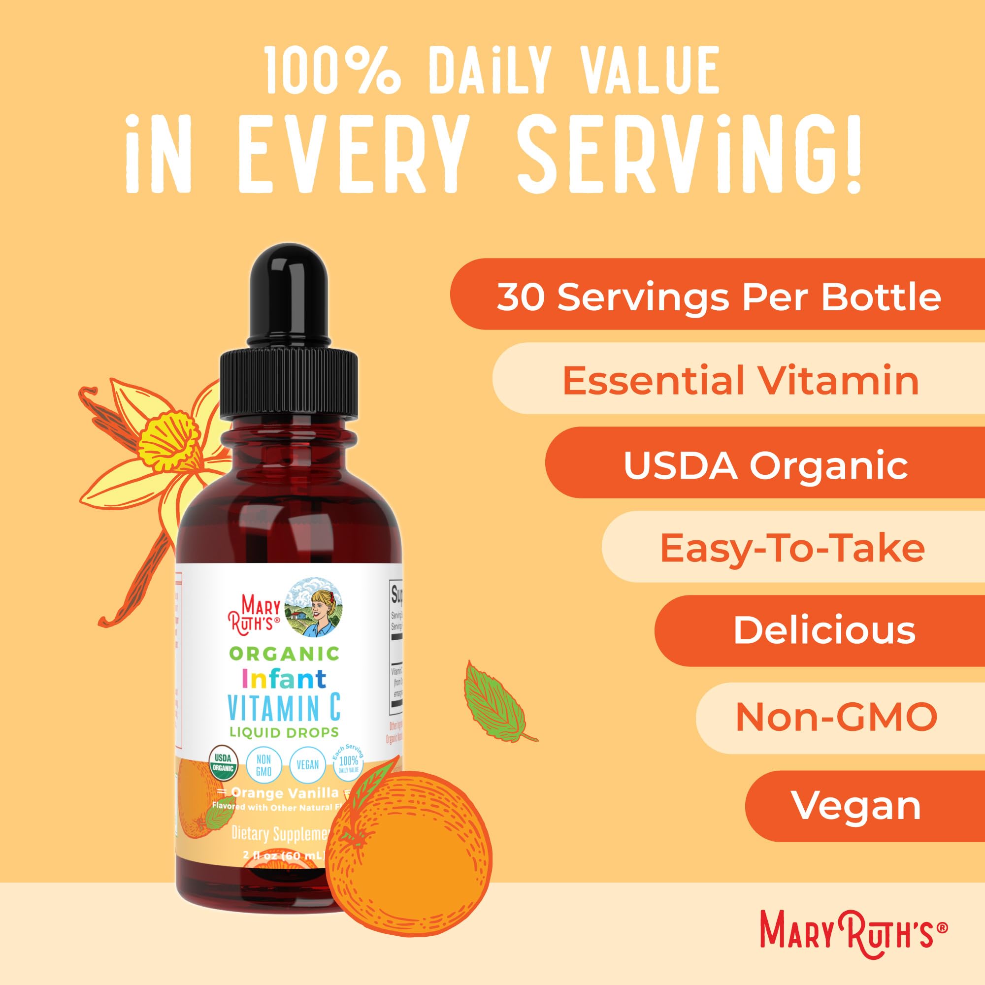 MaryRuth Organics Infant & Baby Vitamin C Supplement | USDA Organic Vitamin C Liquid Drops for Infants | Ages 6-12 Months | Immune Support | Overall Health | Vegan | Non-GMO | Gluten Free | 2 Fl Oz