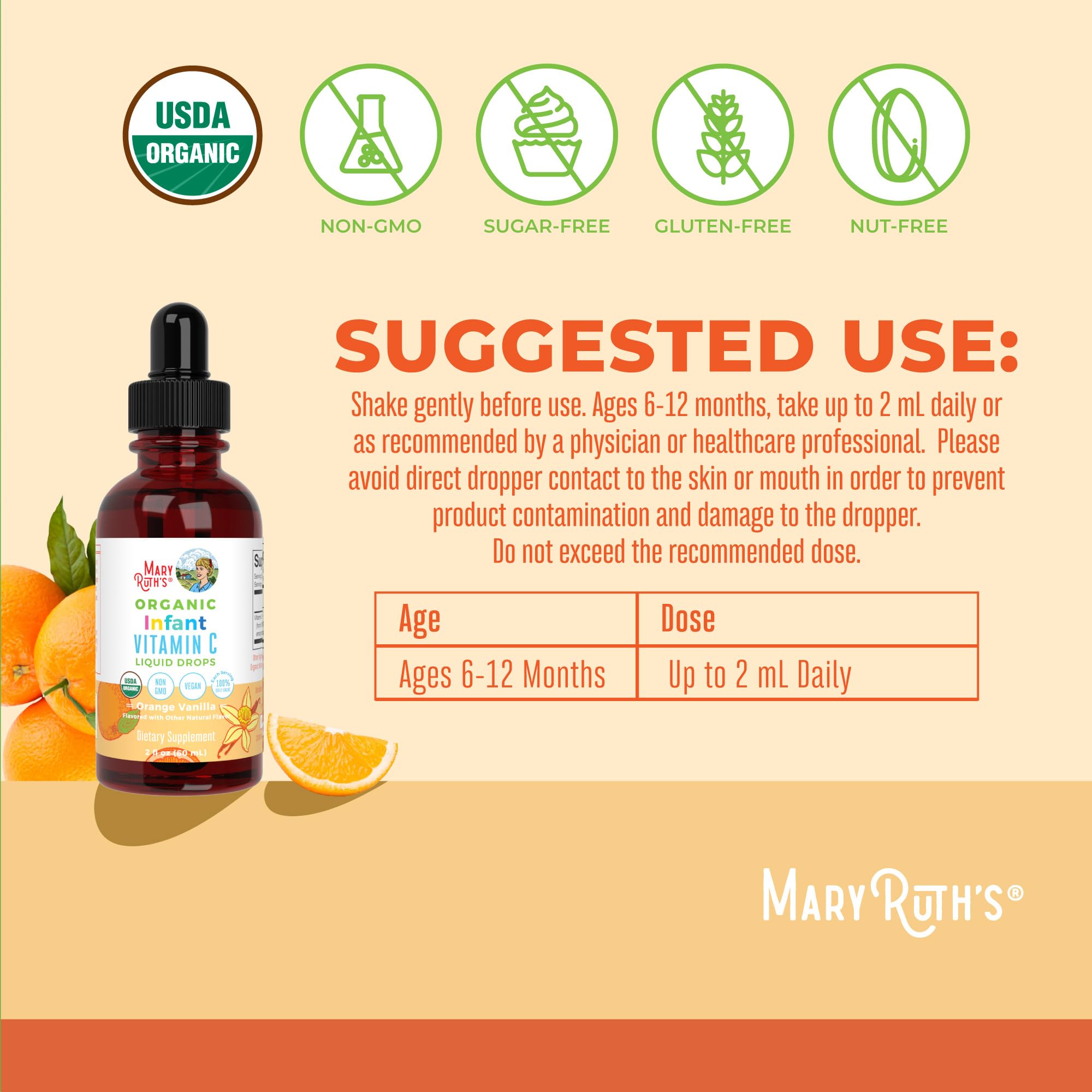 MaryRuth Organics Infant & Baby Vitamin C Supplement | USDA Organic Vitamin C Liquid Drops for Infants | Ages 6-12 Months | Immune Support | Overall Health | Vegan | Non-GMO | Gluten Free | 2 Fl Oz