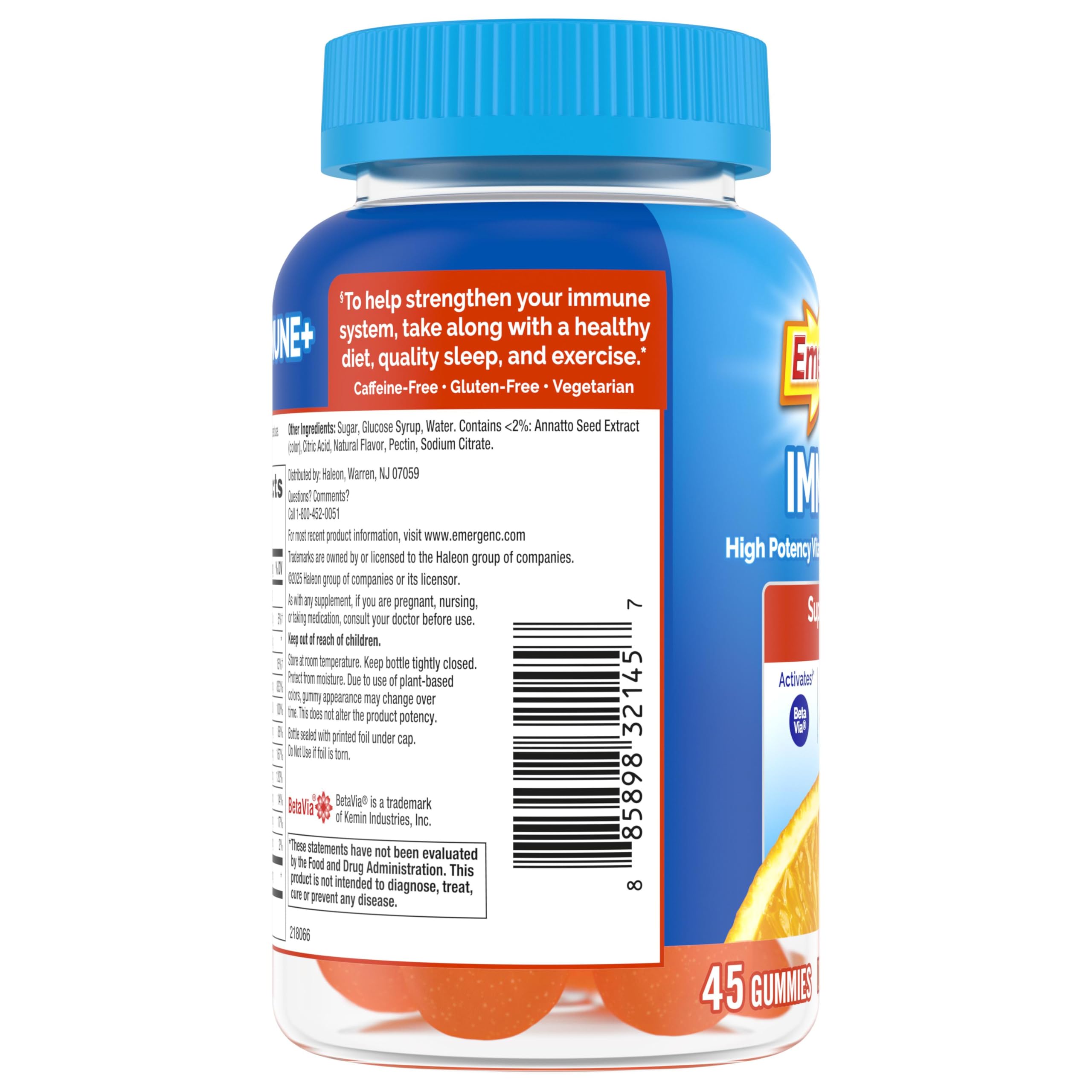 Emergen-C Immune+ Triple Action Immune Support Gummies, BetaVia (R), 1000mg Vitamin C, B Vitamins, Vitamin D and Antioxidants, Super Orange, Back to School Essentials - 45 Count