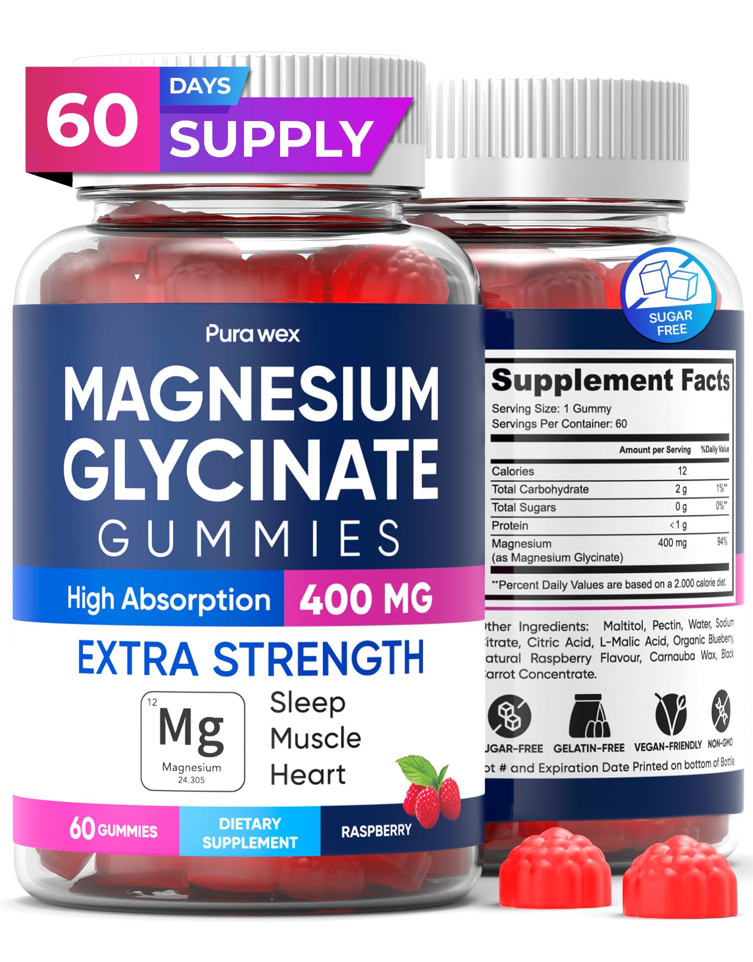 Magnesium Glycinate Gummies 400mg, High Absorption Magnesium Supplement for Women, Men and Kids, Muscle Support and Relaxation, Sugar Free, Vegan, 60 Days Supply