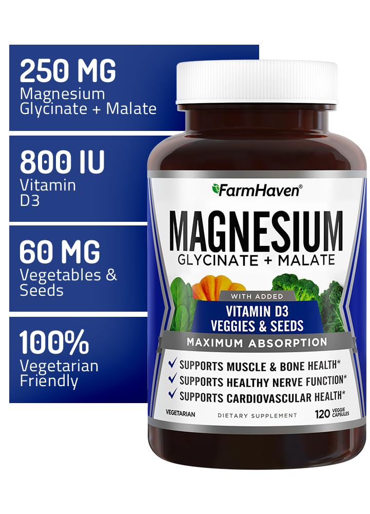 FarmHaven Magnesium Complex –Magnesium Glycinate & Malate w/Vitamin D3, 100% Chelated for Max Absorption, Vegetarian – Bone Health, Nerves, Muscles, 120 Capsules, 60 Days