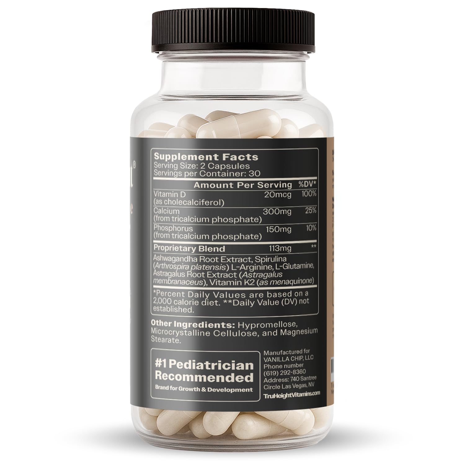 TruHeight Growth Capsules - Tall Nutrition for Natural Growth Supplement for Kids & Teens - Pediatric Vitamin D, K, Calcium & Ashwagandha - Bone Strength - Kids Vitamins D3 K2 Pills, Taller Ages 5+