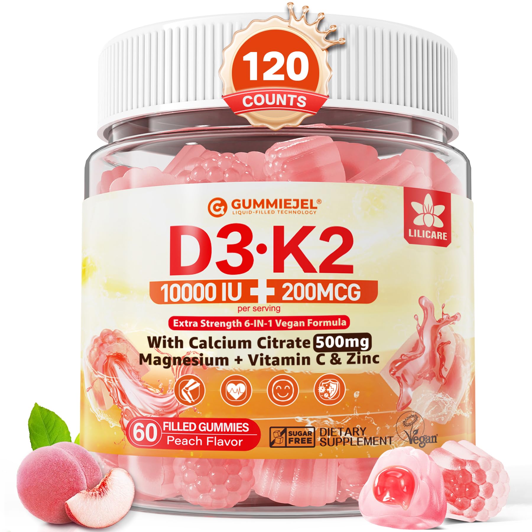 Vitamin D3 K2 Filled Gummies 5000IU / 10,000 IU with 500mg Calcium + K2(MK-7) 200mcg, Magnesium, Vitamin C & Zinc, Extra Strength - Ultimate Absorbency for Bones Muscles Teeth, Vegan -- Pack of 2