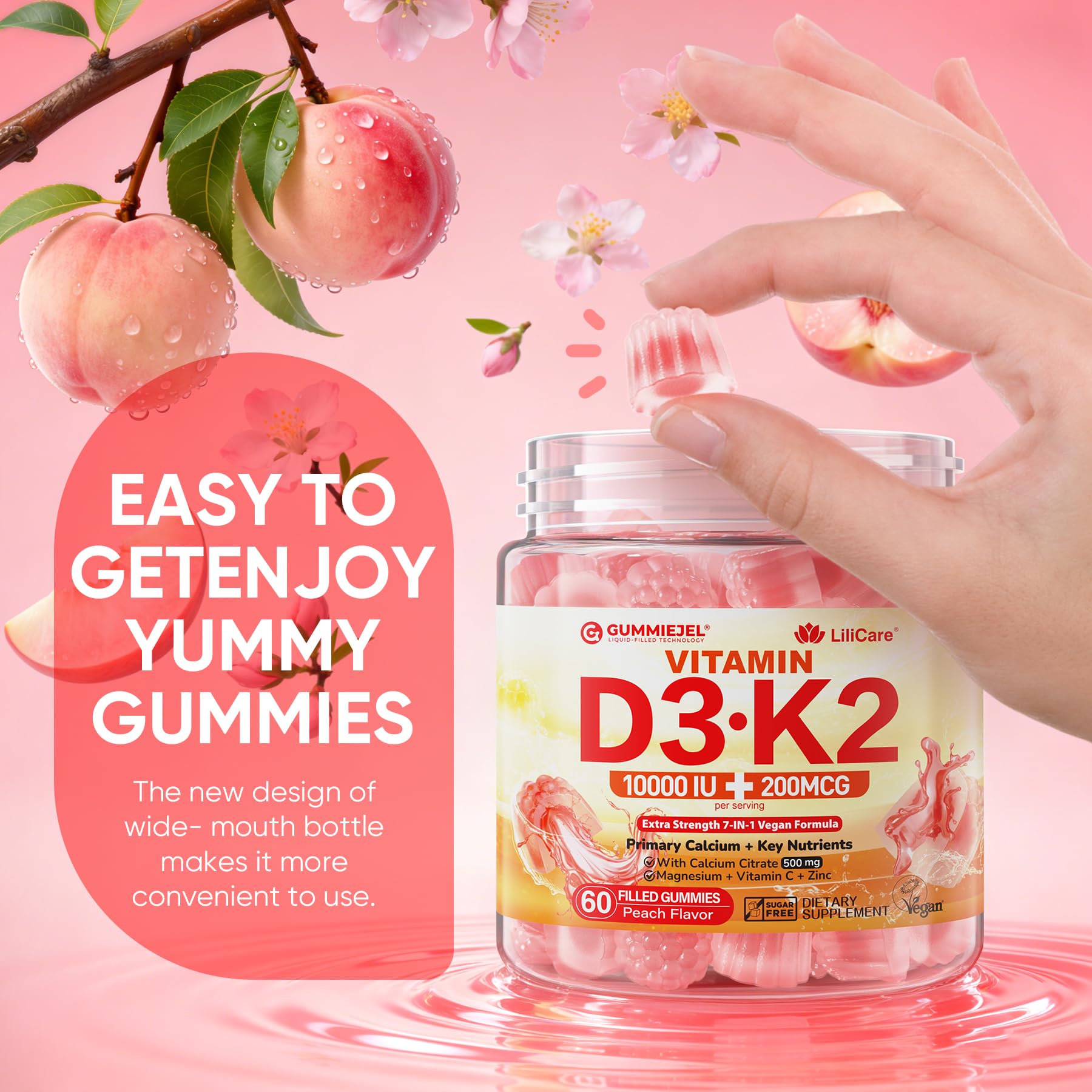 Vitamin D3 K2 Filled Gummies 5000IU / 10,000 IU with 500mg Calcium + K2(MK-7) 200mcg, Magnesium, Vitamin C & Zinc, Extra Strength - Ultimate Absorbency for Bones Muscles Teeth, Vegan -- Pack of 2