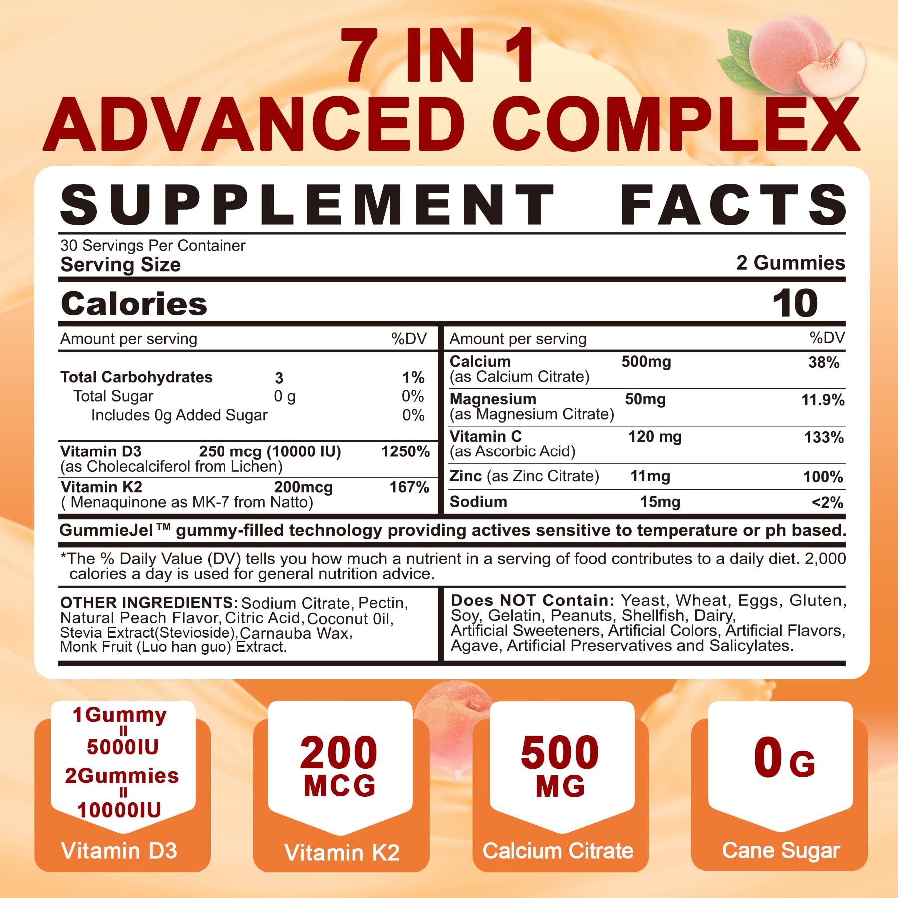 Vitamin D3 K2 Filled Gummies 5000IU / 10,000 IU with 500mg Calcium + K2(MK-7) 200mcg, Magnesium, Vitamin C & Zinc, Extra Strength - Ultimate Absorbency for Bones Muscles Teeth, Vegan -- Pack of 2