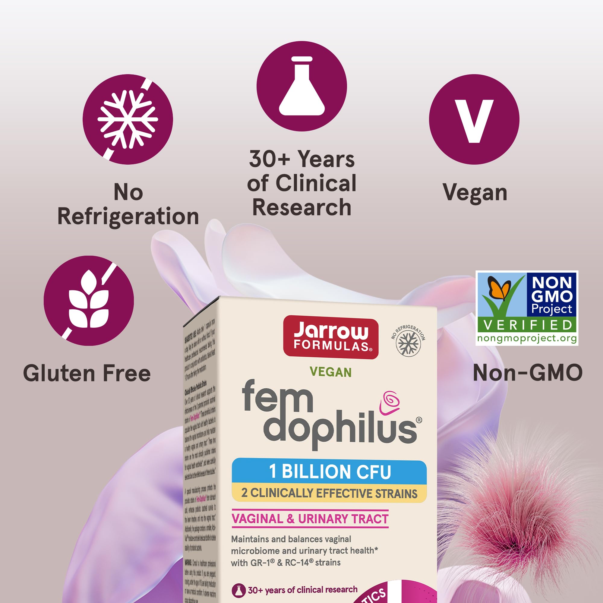 Jarrow Formulas Fem-Dophilus Vaginal Probiotics 1 Billion CFU With 2 Science-Backed Strains, Dietary Supplement For Vaginal & Urinary Tract Support, 60 Capsules, 60 Day Supply, Shelf-Stable Probiotics