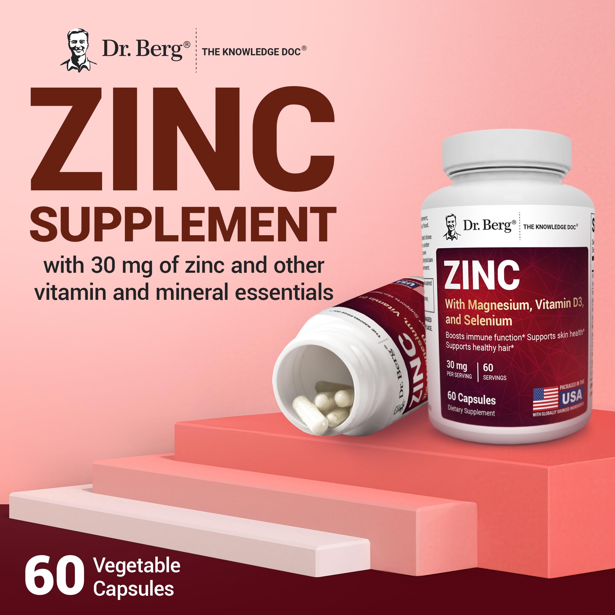 Dr. Berg Zinc 30mg Enhanced with Magnesium, Vitamin D3, Selenium, & Copper - Zinc Supplements for Men & Women - Chelated Zinc for Immune, Skin, Hair, & Nails Support* - 60 Capsules