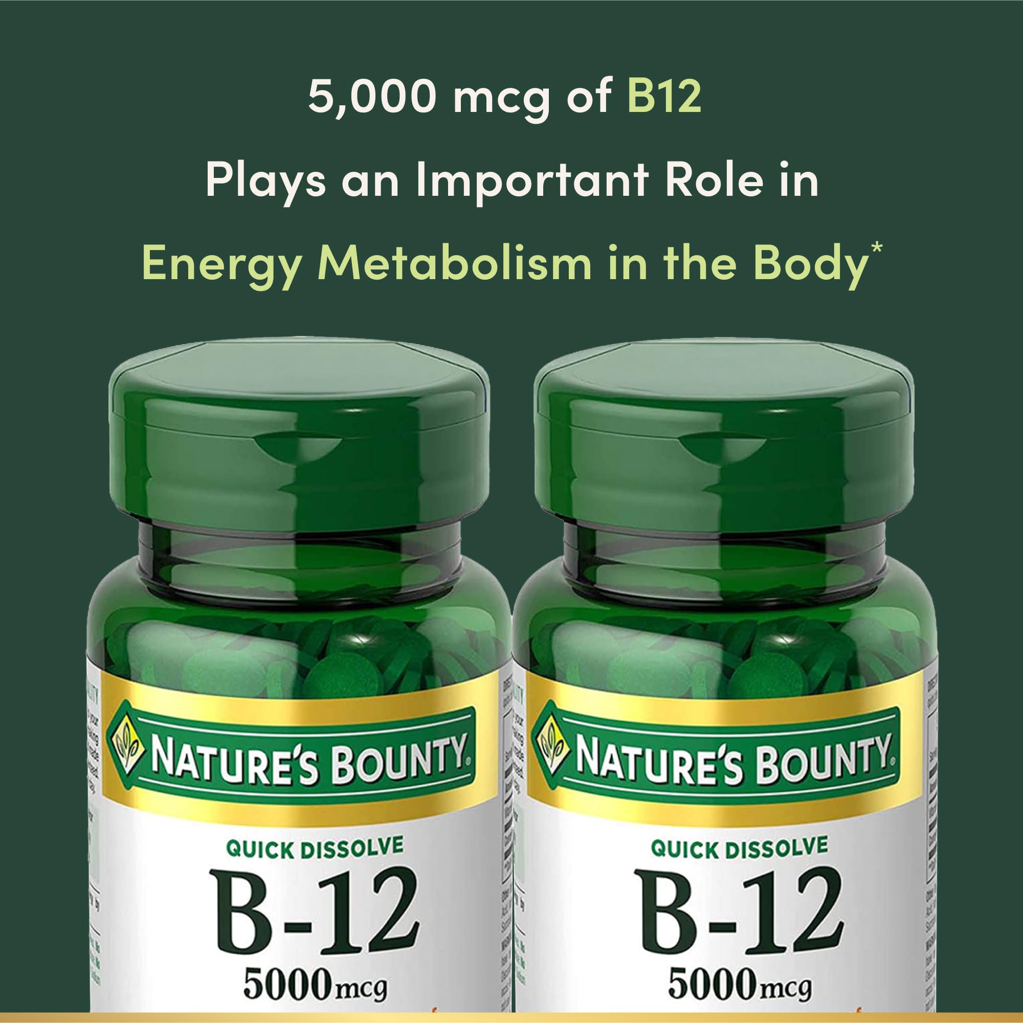 Vitamin B12 by Nature's Bounty, Quick Dissolve Vitamin Supplement, Supports Energy Metabolism and Nervous System Health, 5000mcg, 40 Tablets (Pack of 2)
