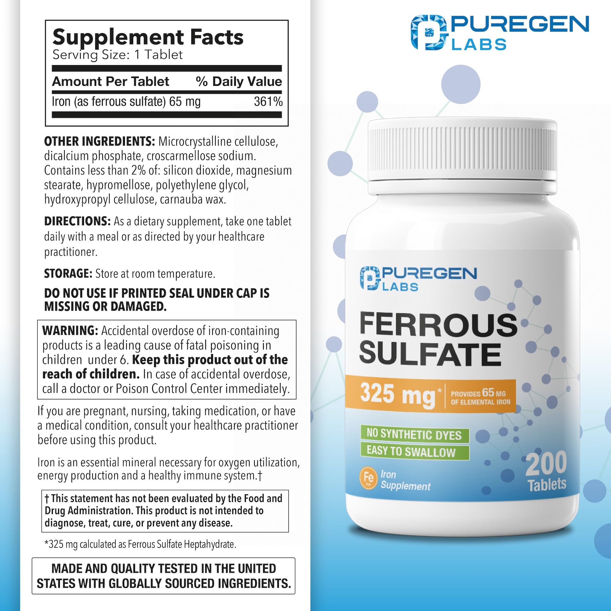 Puregen Labs Ferrous Sulfate 325 mg (65 mg Elemental Iron) High Potency Iron Supplement | No Artificial Color Additives - Total 400 Tablets