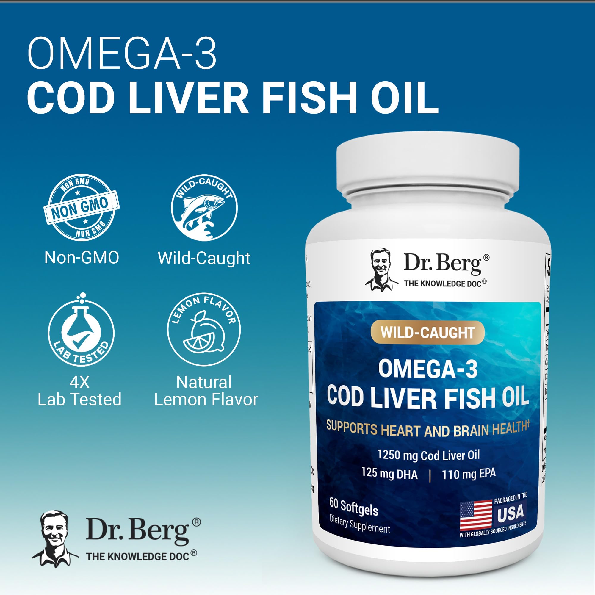 Dr. Berg Omega-3 Cod Liver Fish Oil 60 Softgels – Wild-Caught Icelandic Cod – Omega 3 EPA & DHA – Heart, Brain, Immune & Eye Support* – Lemon Flavor – 4X Lab-Tested – Non-GMO, No Fillers