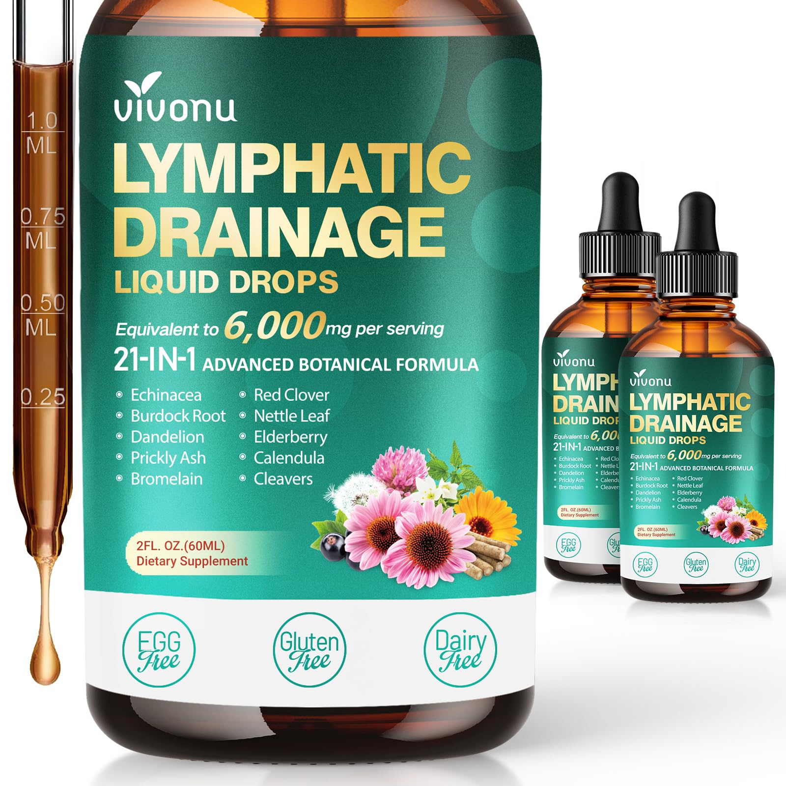 21-in-1 Lymphatic Drainage Drops for Liposomal, 6000mg Immune & Lymph System Support Supplement for Women & Men with Echinacea, Dandelion, Burdock, Bromelain, Calendula, Turmeric & More, 2 Pack