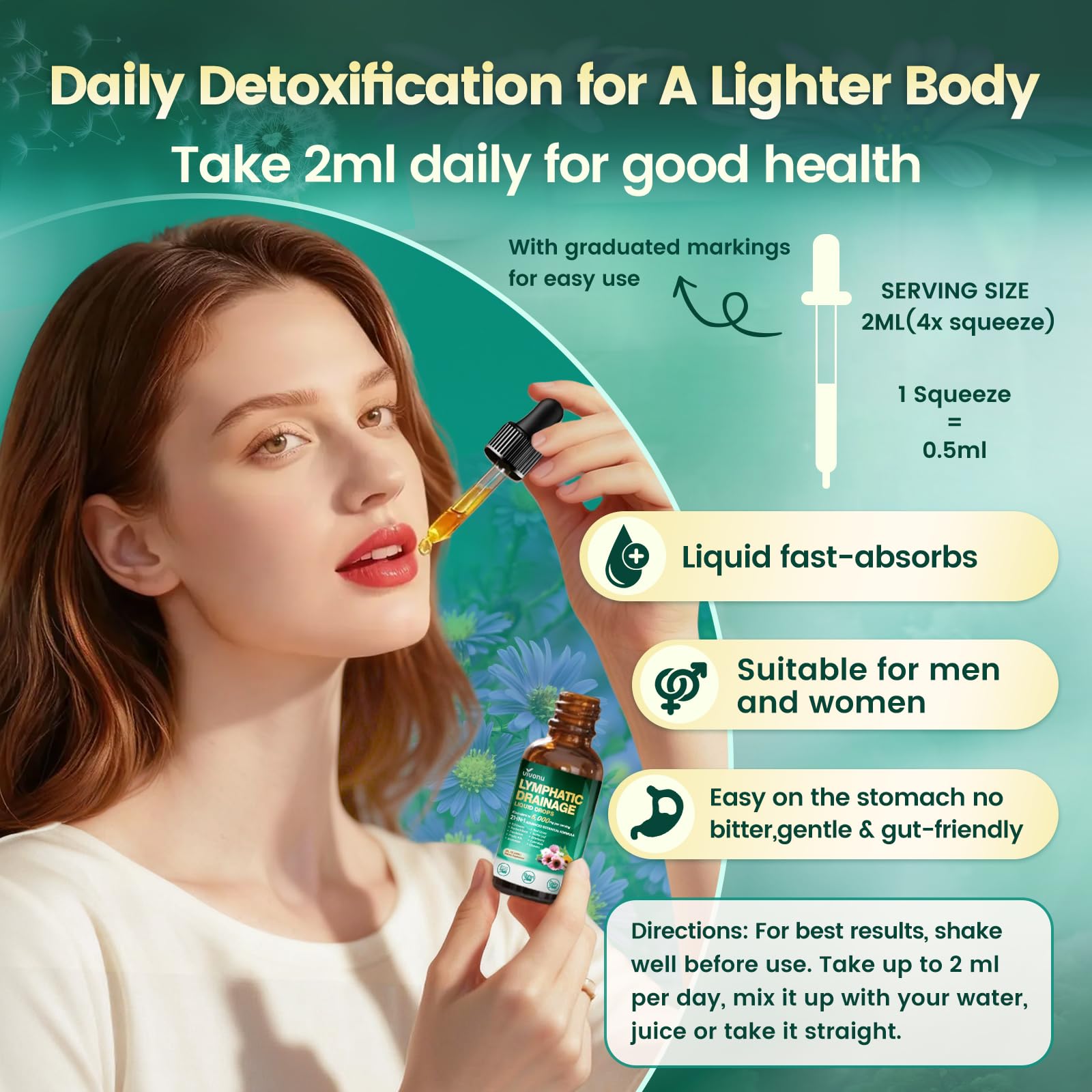 21-in-1 Lymphatic Drainage Drops for Liposomal, 6000mg Immune & Lymph System Support Supplement for Women & Men with Echinacea, Dandelion, Burdock, Bromelain, Calendula, Turmeric & More, 2 Pack