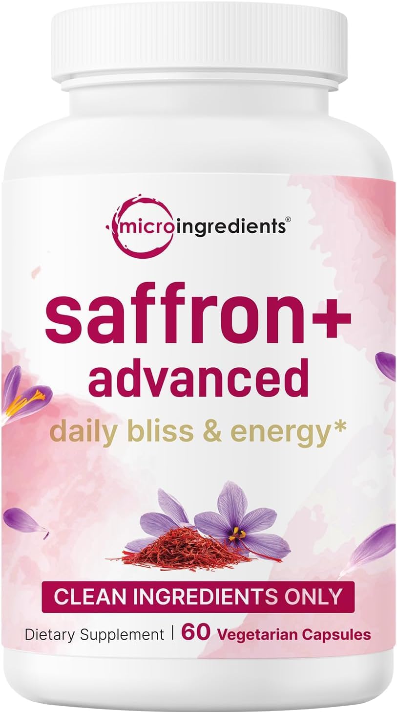 Saffron+ Advanced Supplements, 60 Veggie Capsules | Saffron Extract Blend with Fat-Soluble Vitamin C, Magnesium Glycinate, Turmeric, & KSM-66 Ashwagandha | Filler Free
