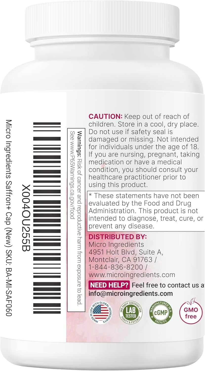 Saffron+ Advanced Supplements, 60 Veggie Capsules | Saffron Extract Blend with Fat-Soluble Vitamin C, Magnesium Glycinate, Turmeric, & KSM-66 Ashwagandha | Filler Free