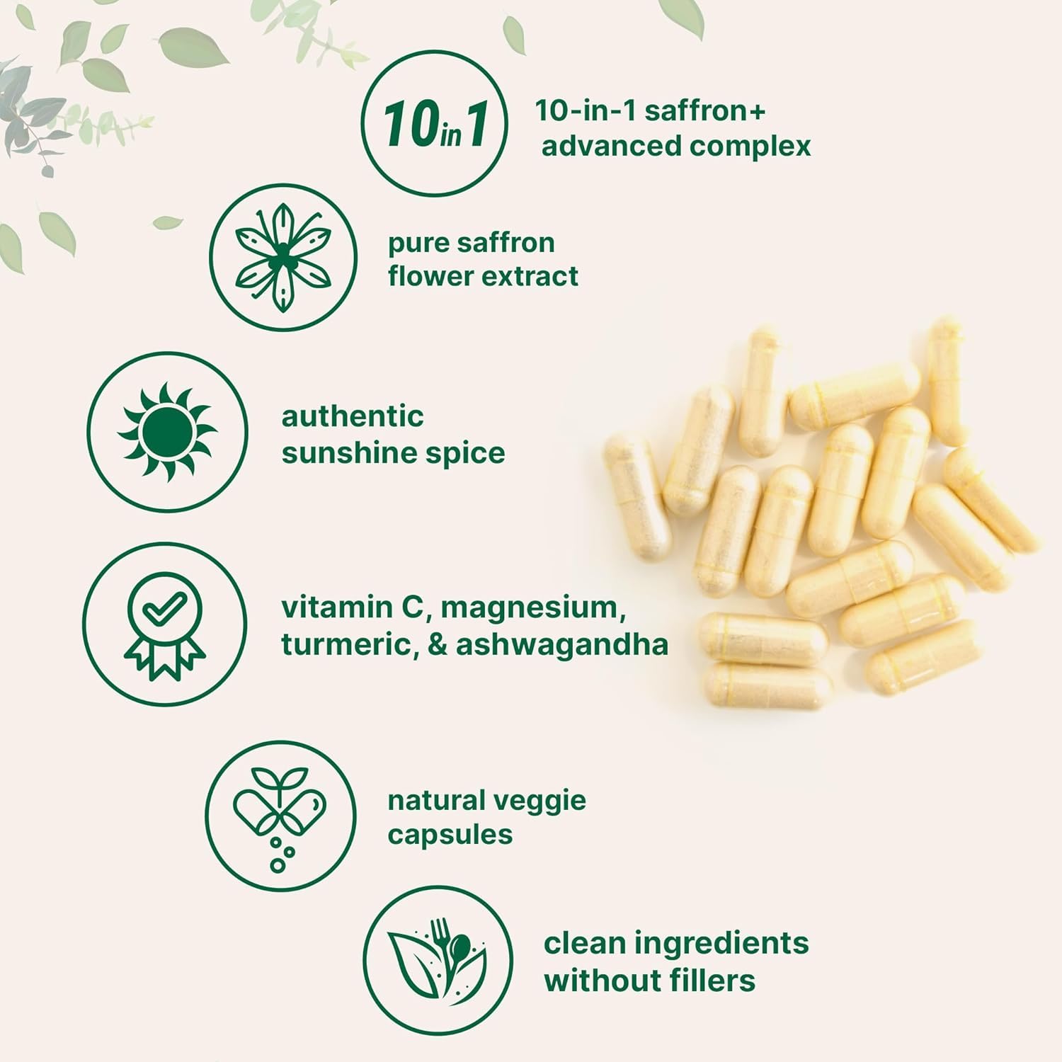 Saffron+ Advanced Supplements, 60 Veggie Capsules | Saffron Extract Blend with Fat-Soluble Vitamin C, Magnesium Glycinate, Turmeric, & KSM-66 Ashwagandha | Filler Free