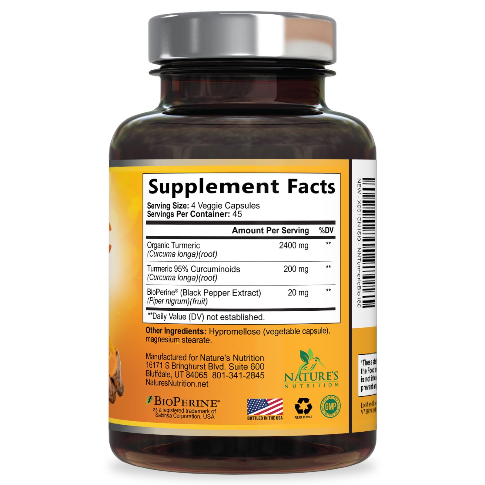Turmeric Curcumin Supplement 2600mg - 95% Curcuminoids with Organic Turmeric & BioPerine Black Pepper Extract for Best Absorption, Natural Vegan Joint Support, Non-GMO, Bottled in USA - 180 Capsules