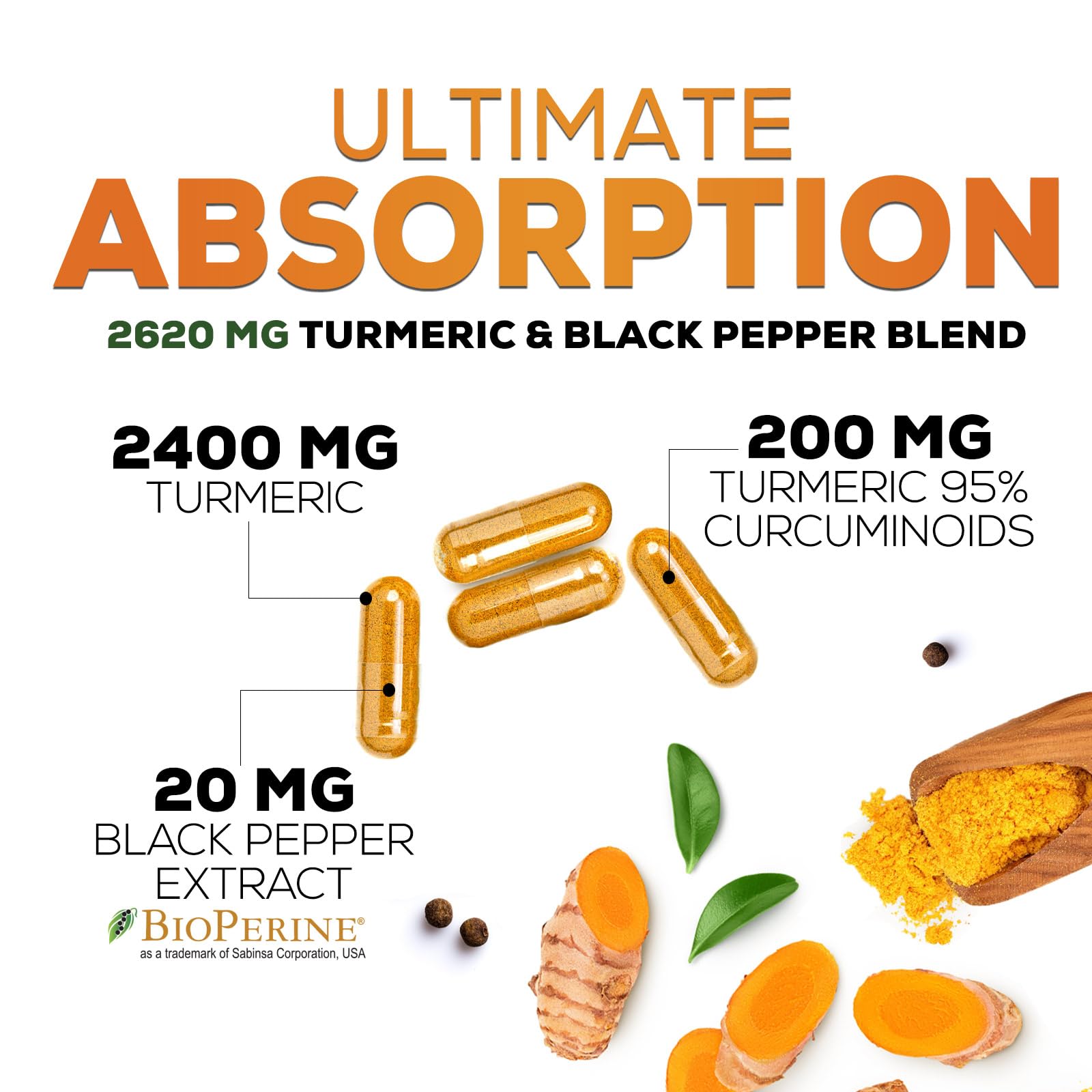 Turmeric Curcumin Supplement 2600mg - 95% Curcuminoids with Organic Turmeric & BioPerine Black Pepper Extract for Best Absorption, Natural Vegan Joint Support, Non-GMO, Bottled in USA - 180 Capsules