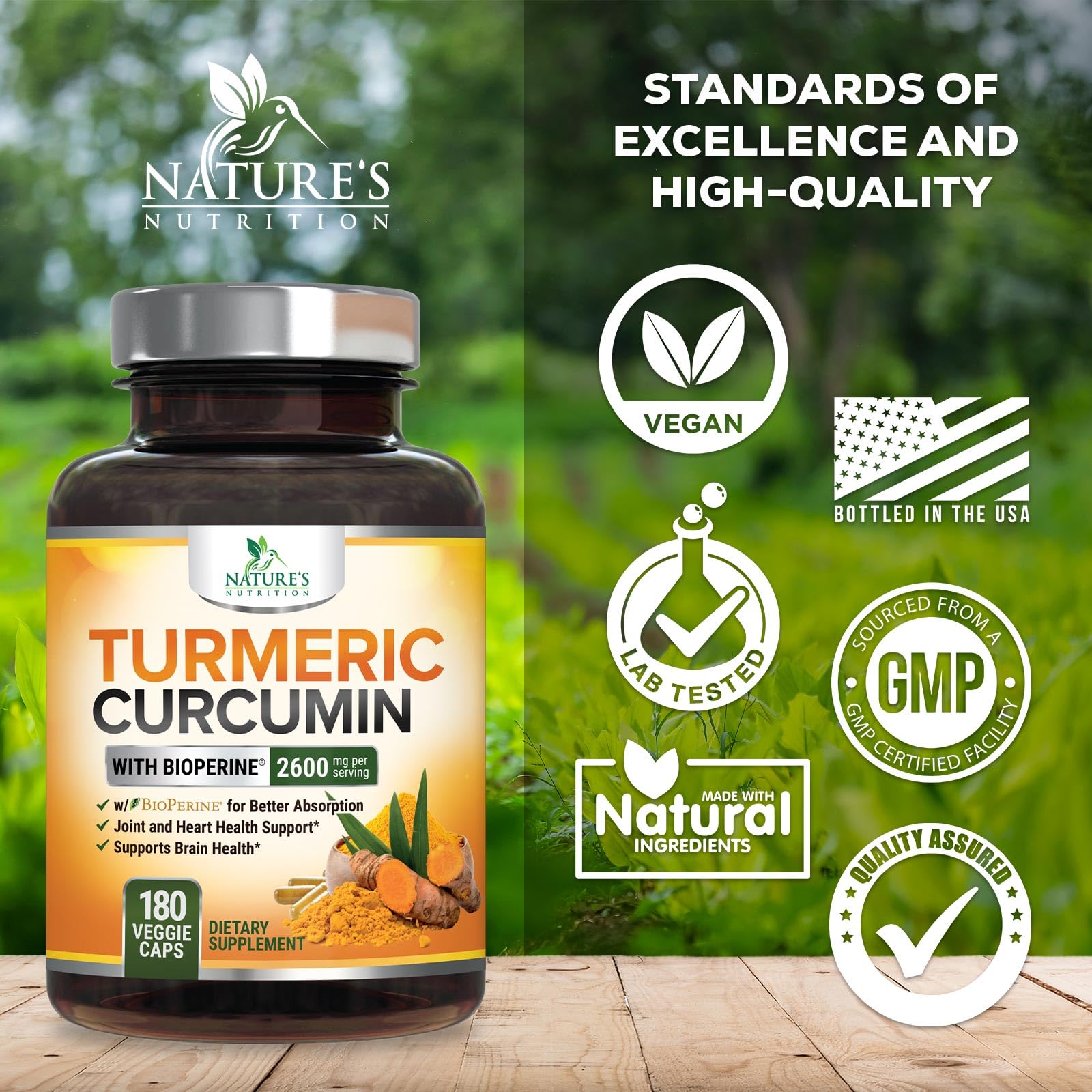 Turmeric Curcumin Supplement 2600mg - 95% Curcuminoids with Organic Turmeric & BioPerine Black Pepper Extract for Best Absorption, Natural Vegan Joint Support, Non-GMO, Bottled in USA - 180 Capsules
