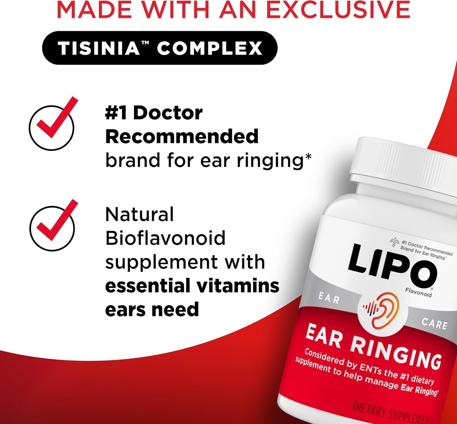 Lipo-Flavonoid Ear Ringing - Doctor-Recommended for Ringing Ears - Clinically Proven Lemon Bioflavonoid Complex with Vitamins C, B1, B2, B6, B12, & Calcium - 150 Caplets