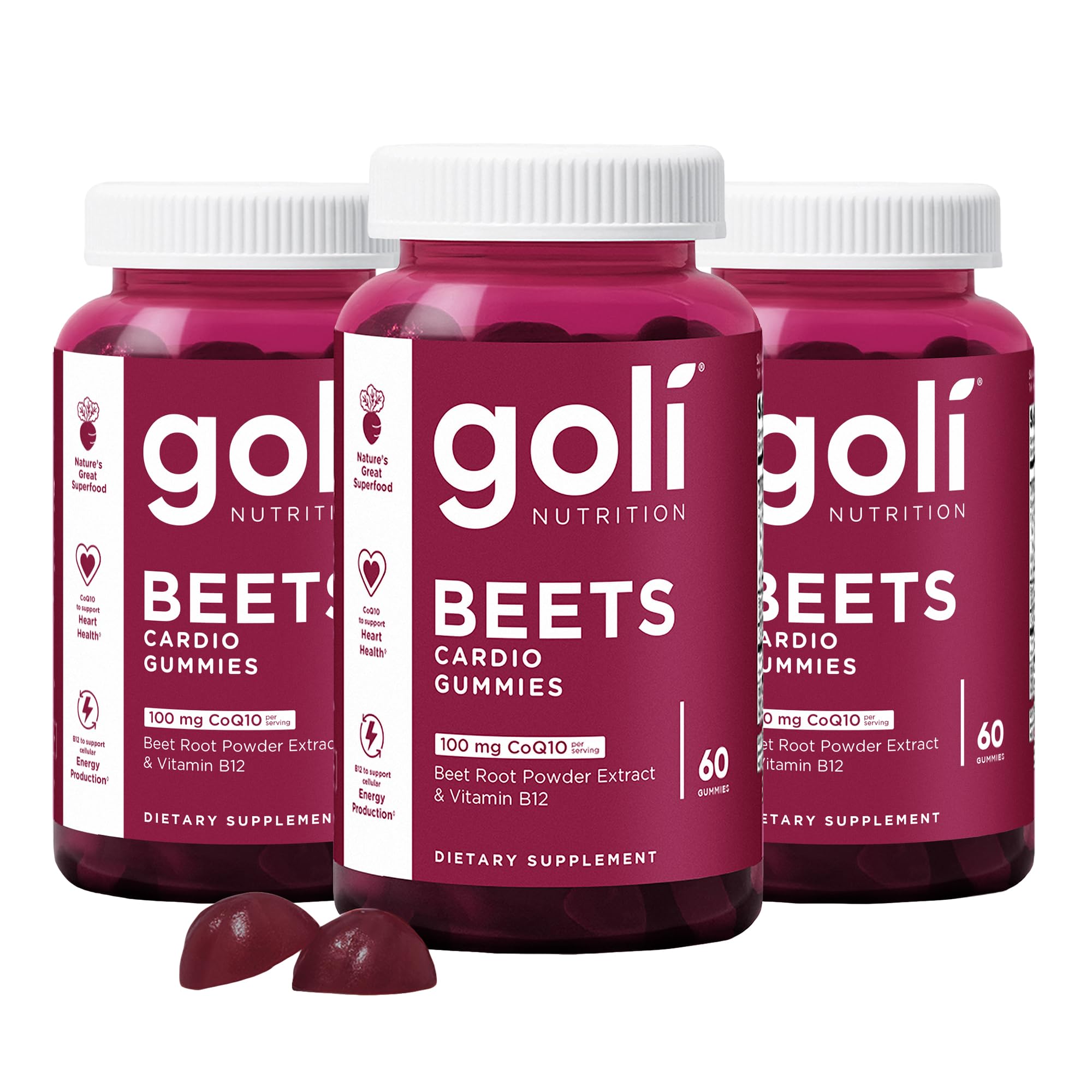 Goli Beets Cardio Gummies with CoQ10 and Vitamin B12 - Beetroot Extract - Cardiovascular Wellness - Vegan, Non-GMO, Gluten-Free - 60 Count (3 Pack)
