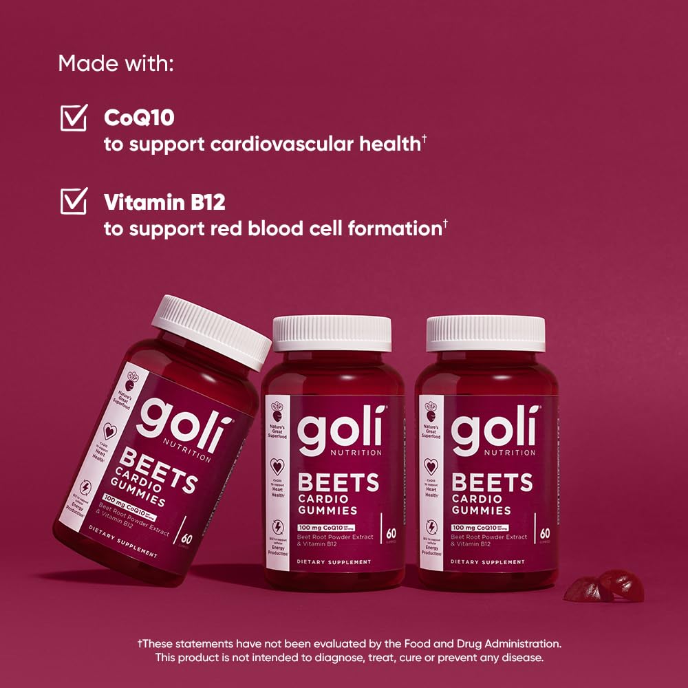 Goli Beets Cardio Gummies with CoQ10 and Vitamin B12 - Beetroot Extract - Cardiovascular Wellness - Vegan, Non-GMO, Gluten-Free - 60 Count (3 Pack)