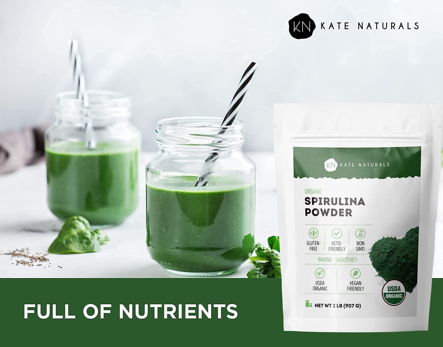 Kate Naturals Organic Spirulina Powder. Nutrient Dense Superfood for Smoothies and Juice (2 lb, USDA Certified, Non-GMO, Gluten- Free)