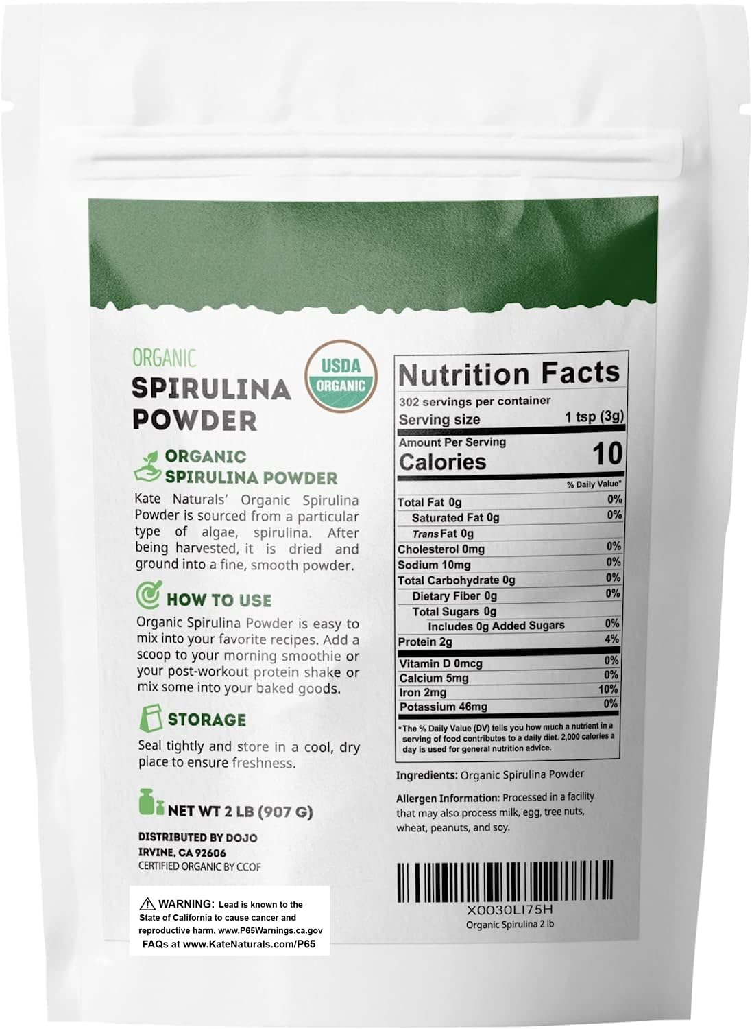 Kate Naturals Organic Spirulina Powder. Nutrient Dense Superfood for Smoothies and Juice (2 lb, USDA Certified, Non-GMO, Gluten- Free)