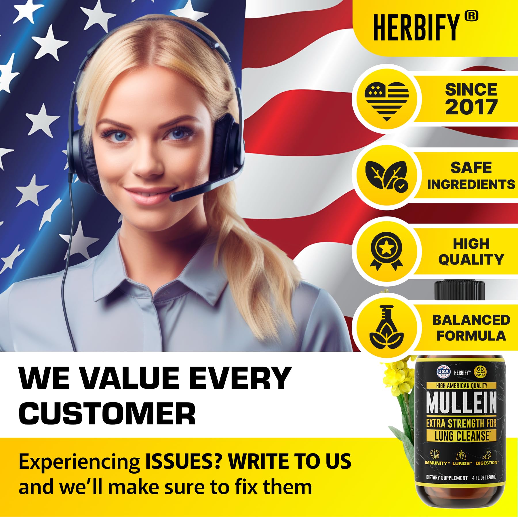 HERBIFY Mullein Drops - Lung Cleanse - Leaf Extract - Powerful Mullein for Immune Support,Detox & Respiratory Support - Made in USA - Lung Cleanse for Smokers - 4 Oz