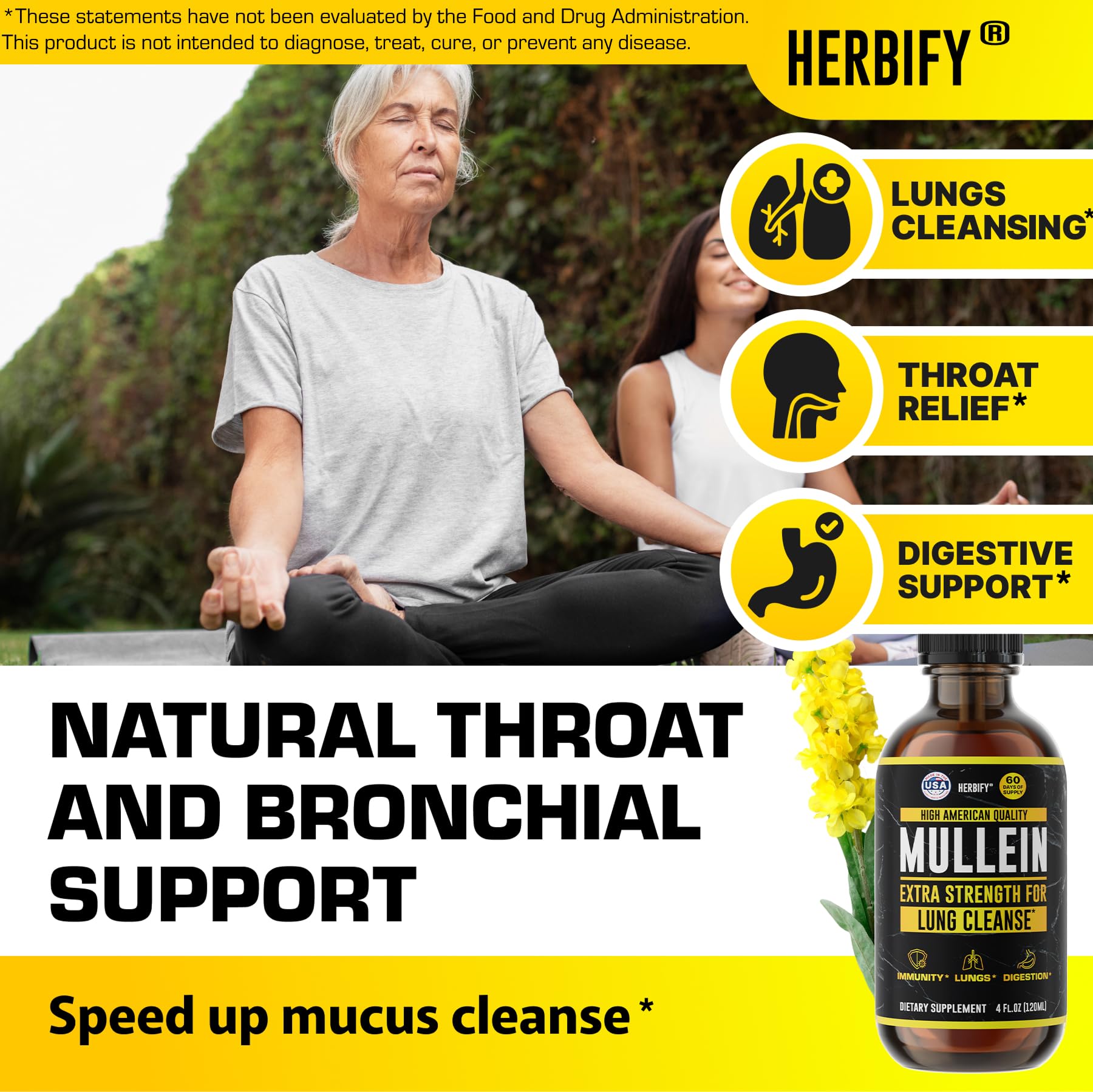 HERBIFY Mullein Drops - Lung Cleanse - Leaf Extract - Powerful Mullein for Immune Support,Detox & Respiratory Support - Made in USA - Lung Cleanse for Smokers - 4 Oz