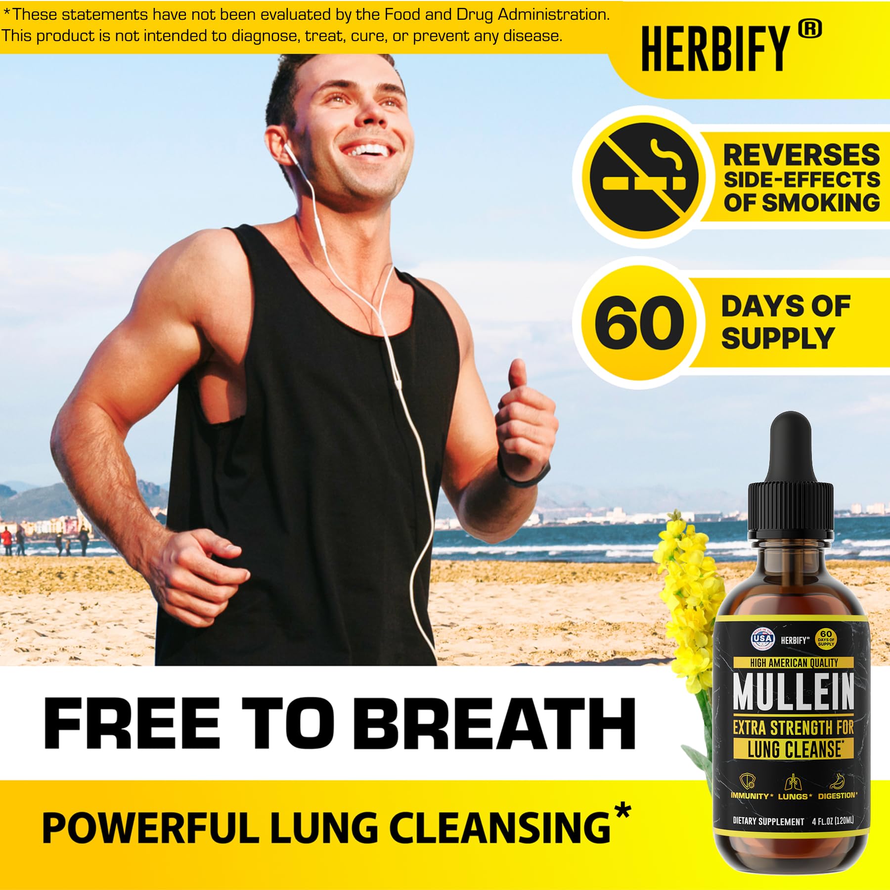 HERBIFY Mullein Drops - Lung Cleanse - Leaf Extract - Powerful Mullein for Immune Support,Detox & Respiratory Support - Made in USA - Lung Cleanse for Smokers - 4 Oz