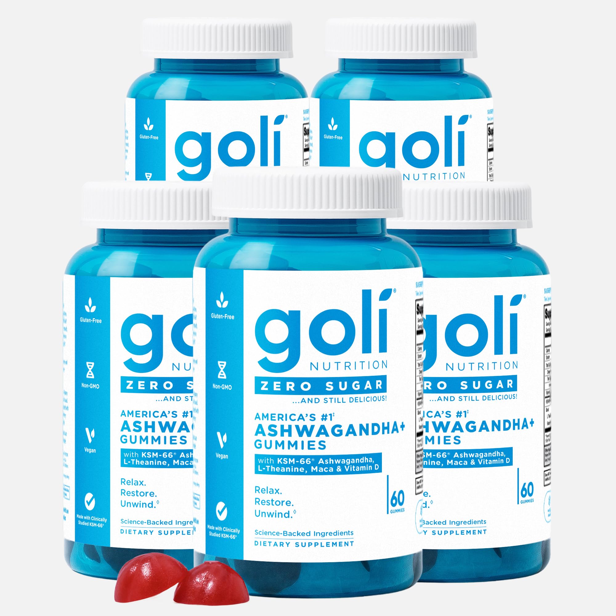 Goli Zero Sugar Ashwagandha & Vitamin D, Maca, L-Theanine Gummies, No Artificial Sweeteners, No Sugar Alcohols. Mixed Berry, KSM-66, Vegan, Plant Based, Non-GMO, Gluten-Free & Gelatin Free. (5)