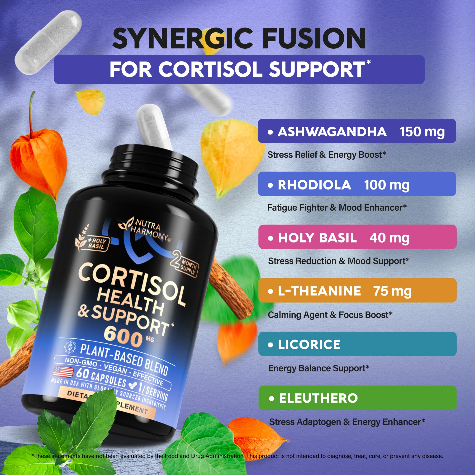 Cortisol Supplement for Women - Holy Basil | Ashwagandha | Rhodiola | L-Theanine - Plant-Based Hormone Balance - Mood, Focus & Sleep Support - Made in USA - Vegan, Non-GMO - 60 Capsules for 2 Months