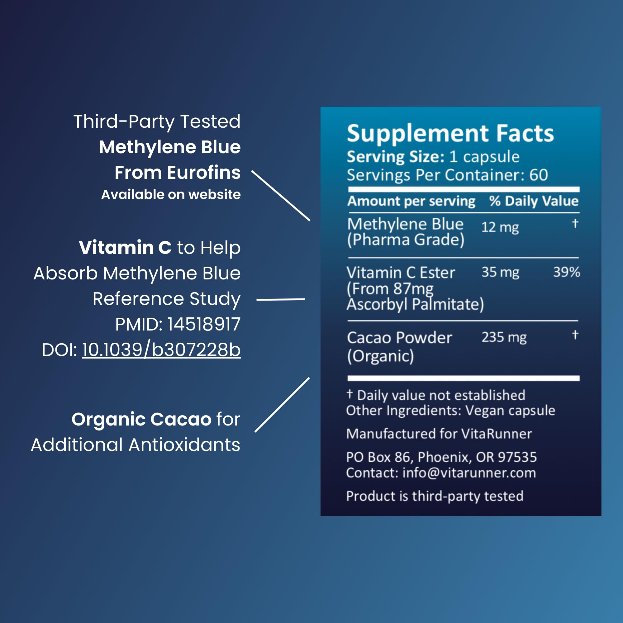 Nutricel Methylene Blue Capsules - Pharmaceutical Grade Supplement - Trusted Made in America Brand - 12mg (USP Reference Compliant) with Vitamin C Ester Enhanced Absorption - Third Party Tested (60ct)
