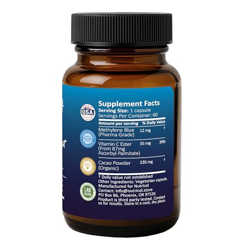 Nutricel Methylene Blue Capsules - Pharmaceutical Grade Supplement - Trusted Made in America Brand - 12mg (USP Reference Compliant) with Vitamin C Ester Enhanced Absorption - Third Party Tested (60ct)