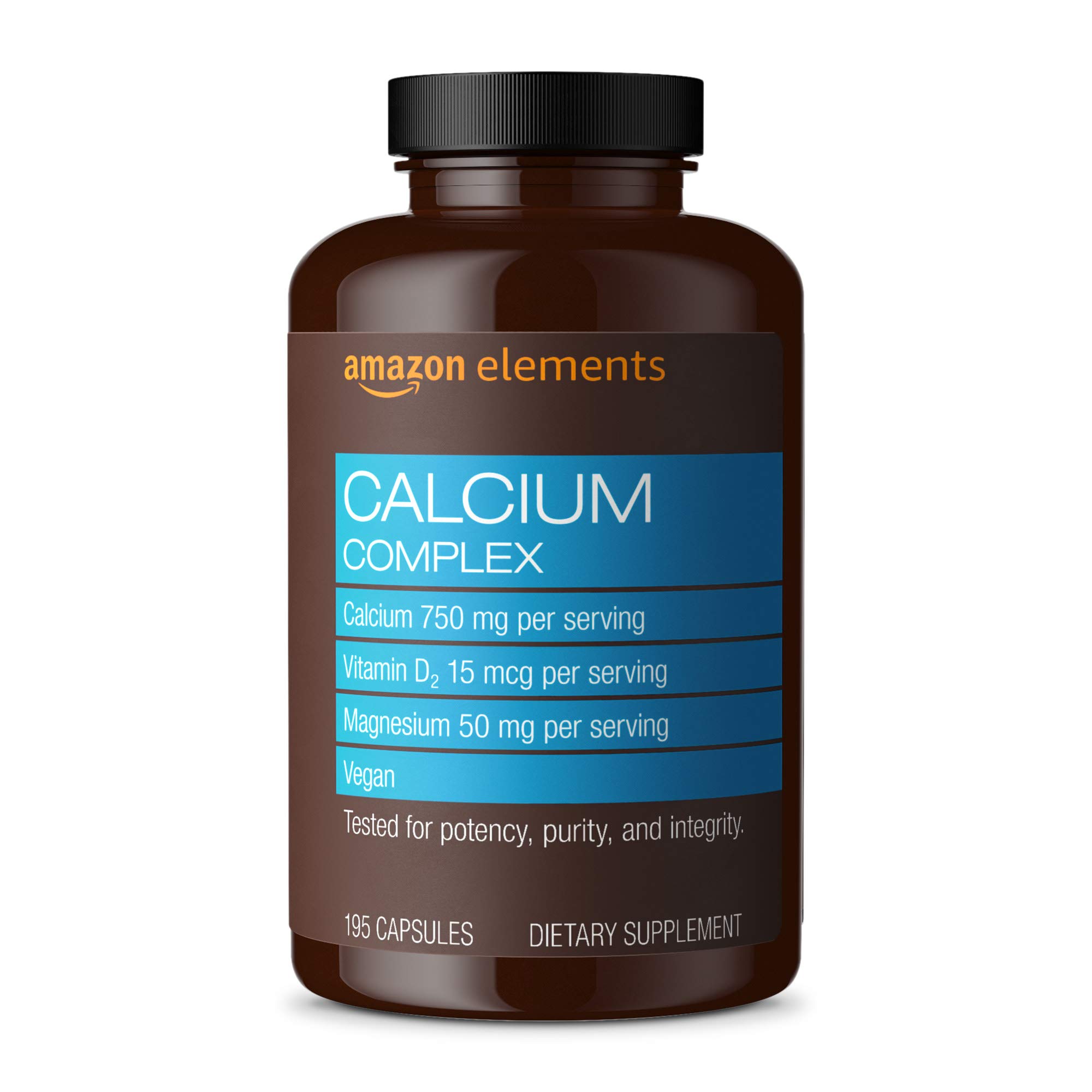 Amazon Elements Calcium Complex, 750mg, Vegan, With Vitamin D₂ and Magnesium, 195 Capsules