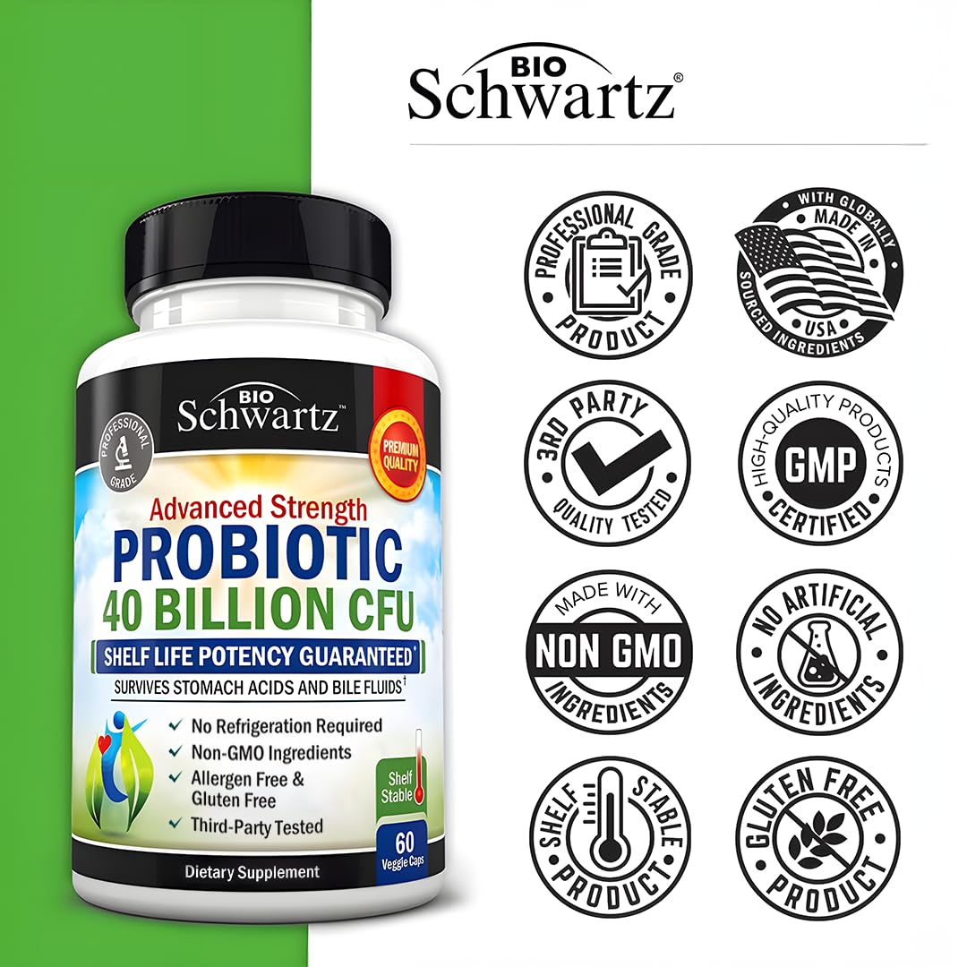 BioSchwartz Daily Probiotic Nutritional Supplement - 40 Billion CFU for Gut Health - Probiotics for Men and Women - Digestive Health with Astragalus & Lactobacillus - Shelf Stable - 60 Count