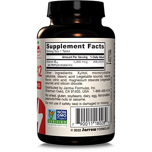 Jarrow Formulas Vitamin B12 5000 mcg - Maximum Strength for Cellular Energy and Brain Health, 90 Cherry Chewable Tablets, B12 Vitamins 5000 mcg