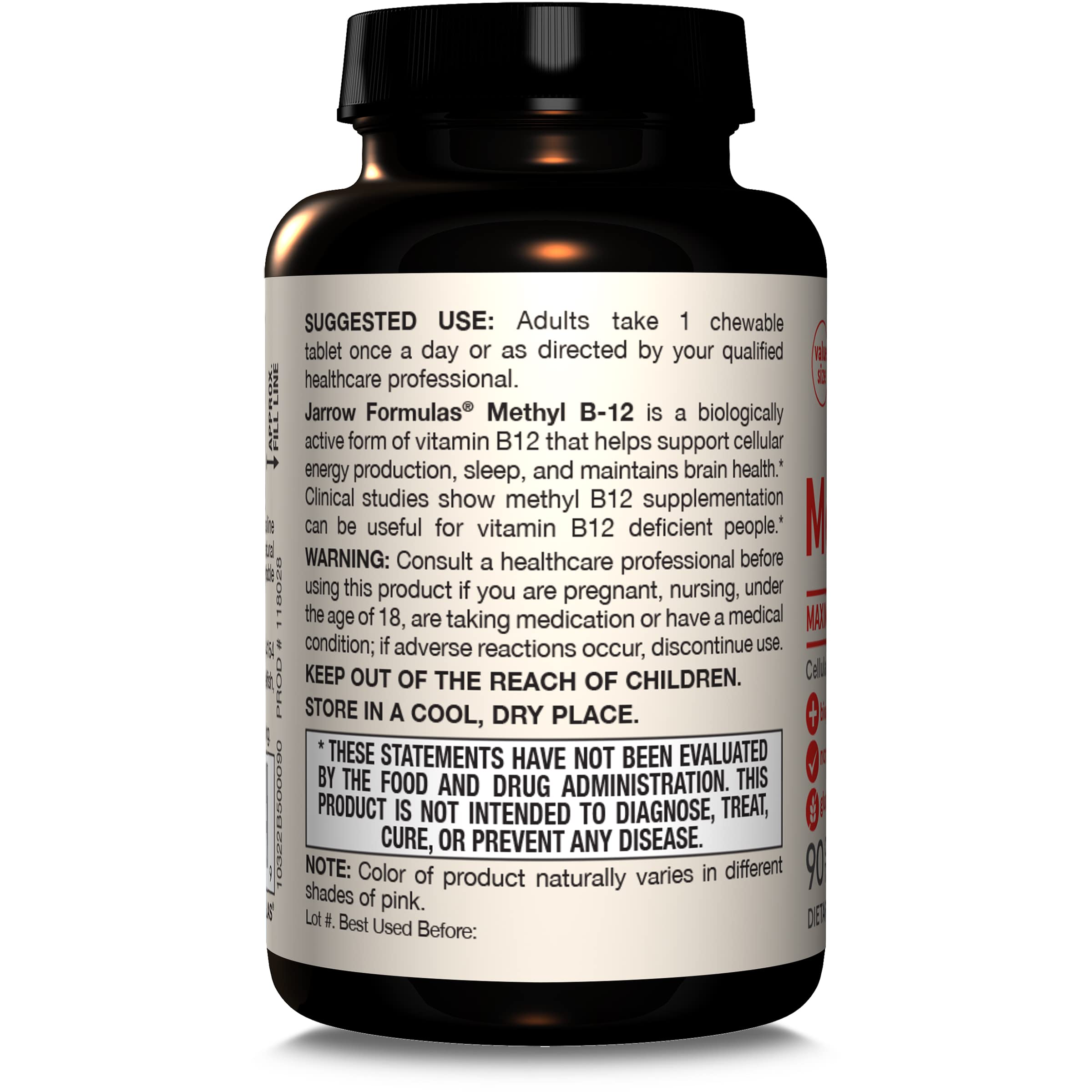 Jarrow Formulas Vitamin B12 5000 mcg - Maximum Strength for Cellular Energy and Brain Health, 90 Cherry Chewable Tablets, B12 Vitamins 5000 mcg