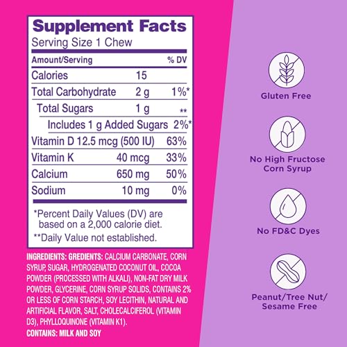 Viactiv Calcium + Vitamin D Supplement Soft Chews for Women & Men - Chewable Calcium for Bone Health Support, 650 mg per Serving, Vitamin D & K for High Absorption - 180 Count, Milk Chocolate