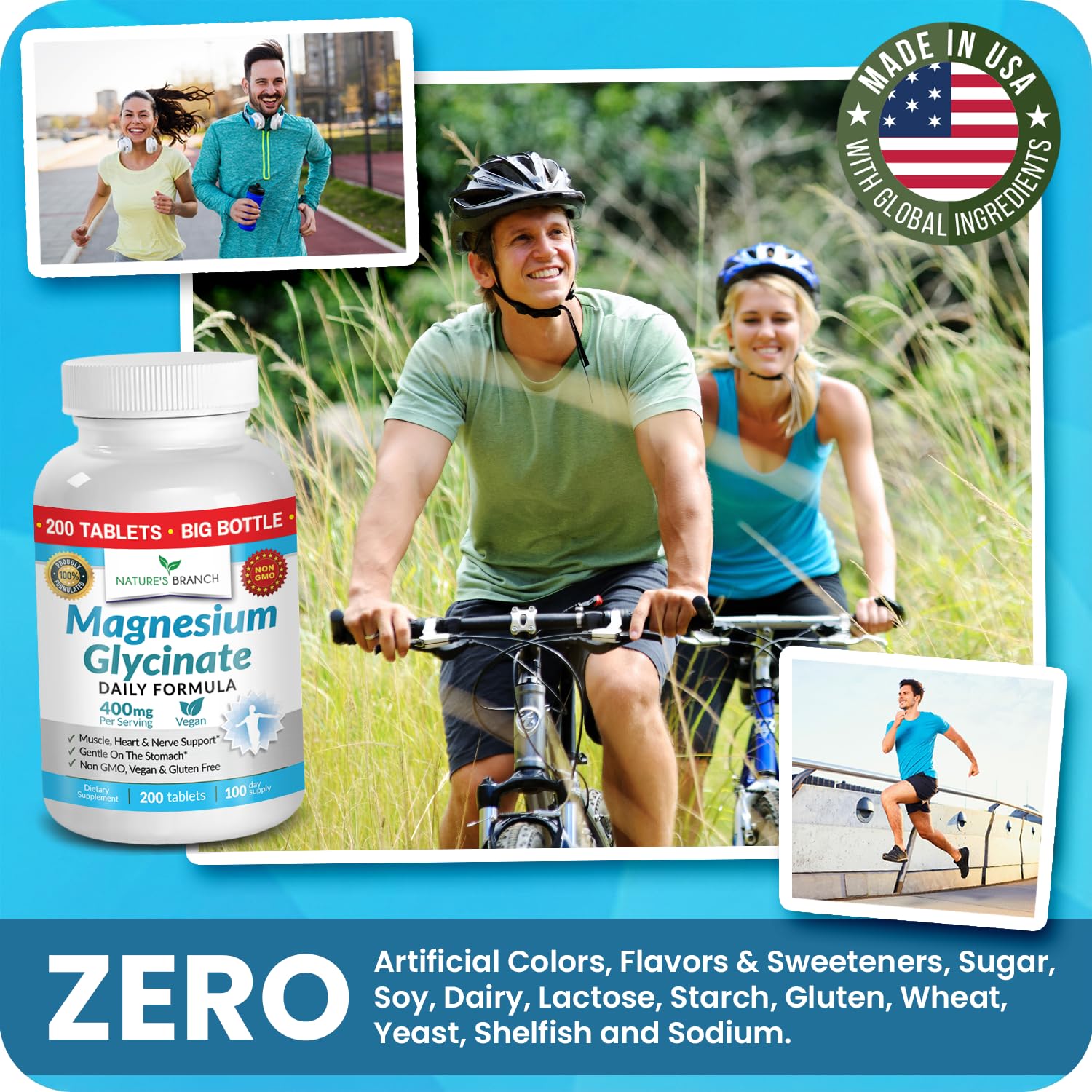 Magnesium Glycinate 400mg | 200 Tablets | High Absorption Mag Supplements for Sleep, Leg Cramps, Heart, Muscle, Calm | Non Buffered Bisglycinate, Extra Strength for Women and Men, Tablets Not Capsules