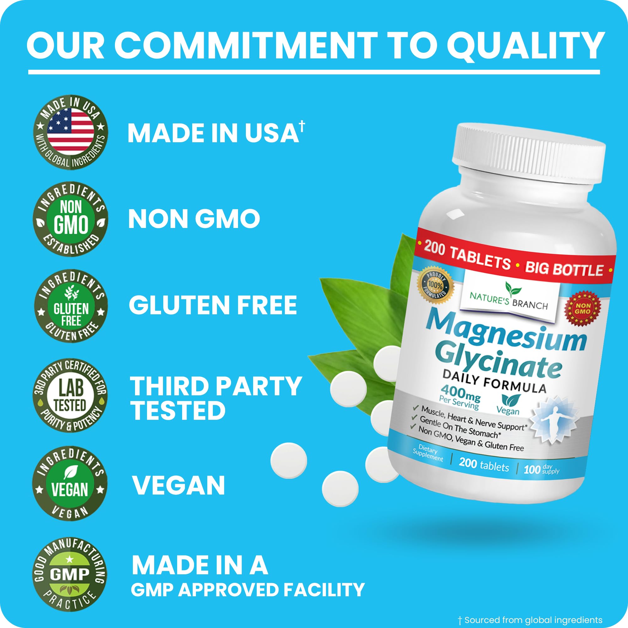 Magnesium Glycinate 400mg | 200 Tablets | High Absorption Mag Supplements for Sleep, Leg Cramps, Heart, Muscle, Calm | Non Buffered Bisglycinate, Extra Strength for Women and Men, Tablets Not Capsules