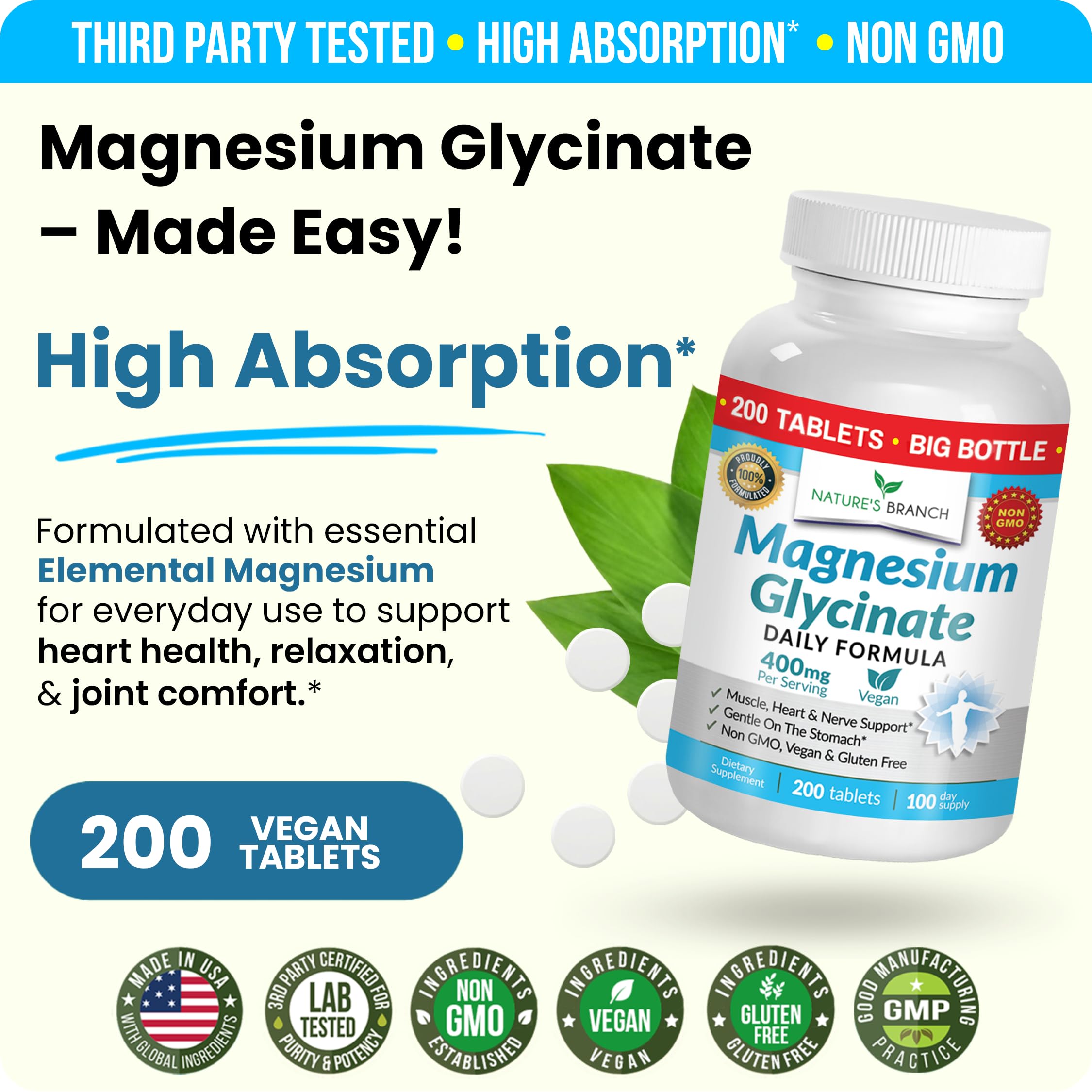Magnesium Glycinate 400mg | 200 Tablets | High Absorption Mag Supplements for Sleep, Leg Cramps, Heart, Muscle, Calm | Non Buffered Bisglycinate, Extra Strength for Women and Men, Tablets Not Capsules