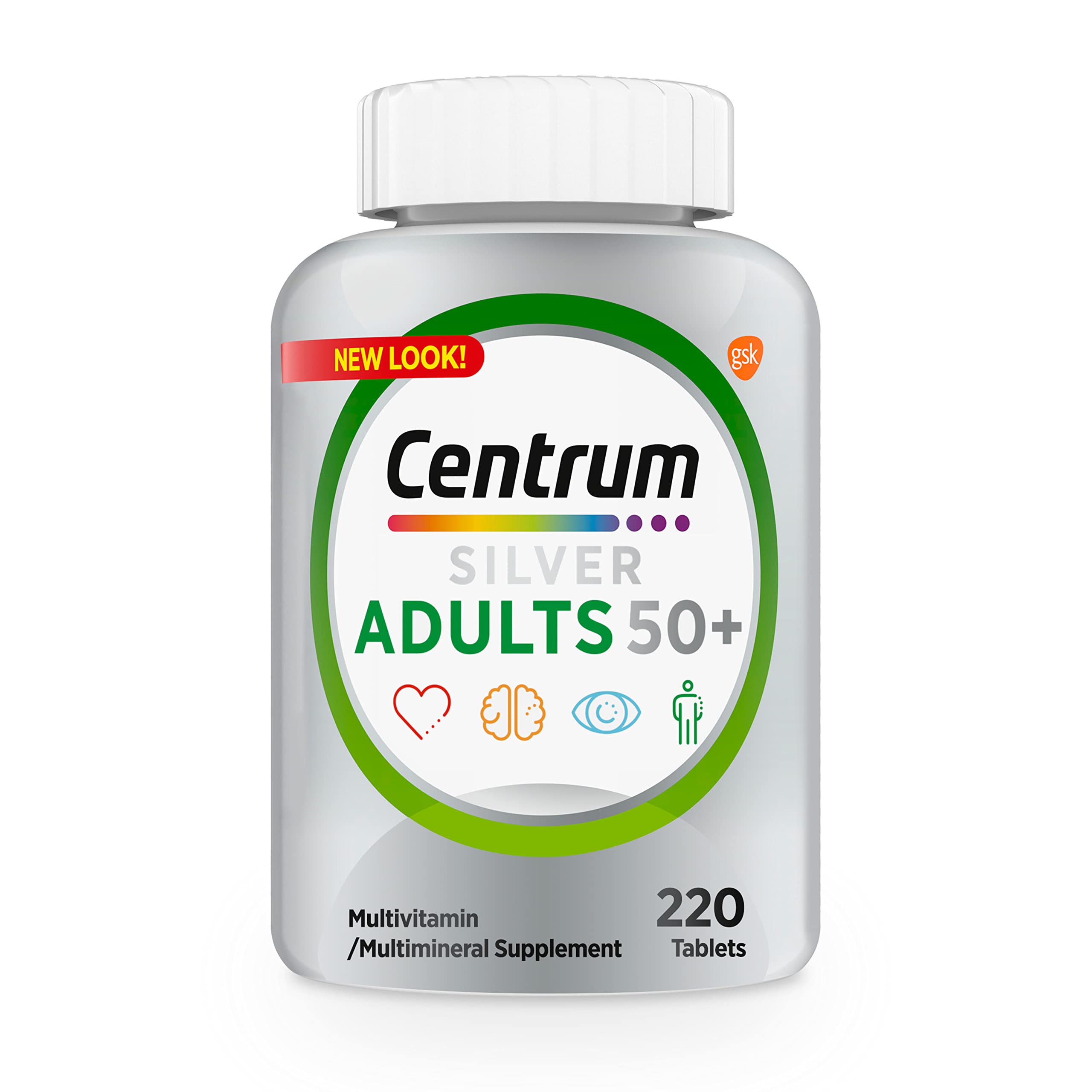 Centrum Silver Multivitamin for Adults 50 Plus, Multivitamin/Multimineral Supplement, Vitamin D3, B Vitamins, Gluten Free, Non-GMO Ingredients, Supports Memory and Cognition in Older Adults - 220 Ct