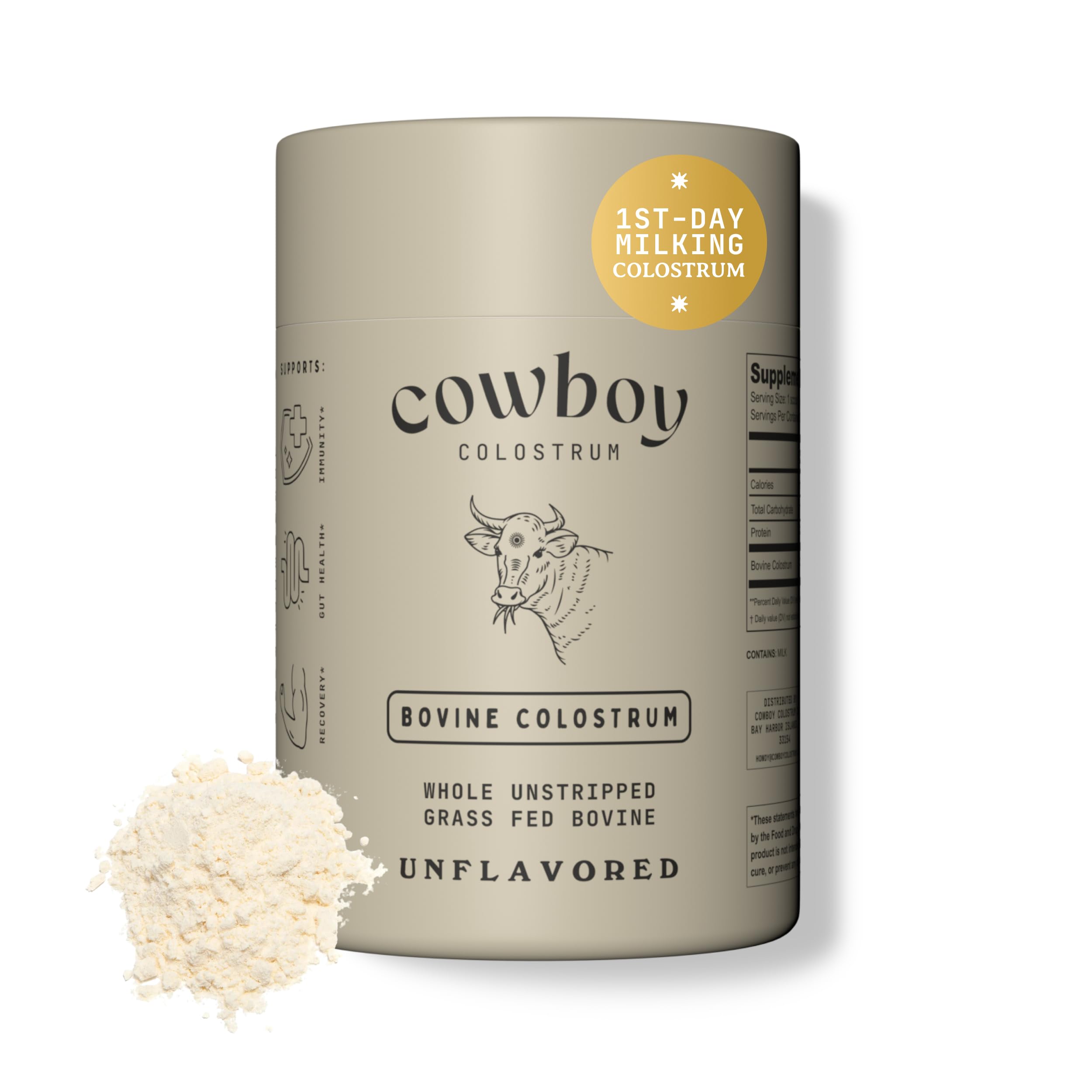 Cowboy - The Exclusive 1st Milking, Whole, Grass Fed Colostrum Supplement for Full Body Health - Bovine Colostrum Powder Packed w/Bioactive Nutrients - Sugar Free (Unflavored, 40 Servings)