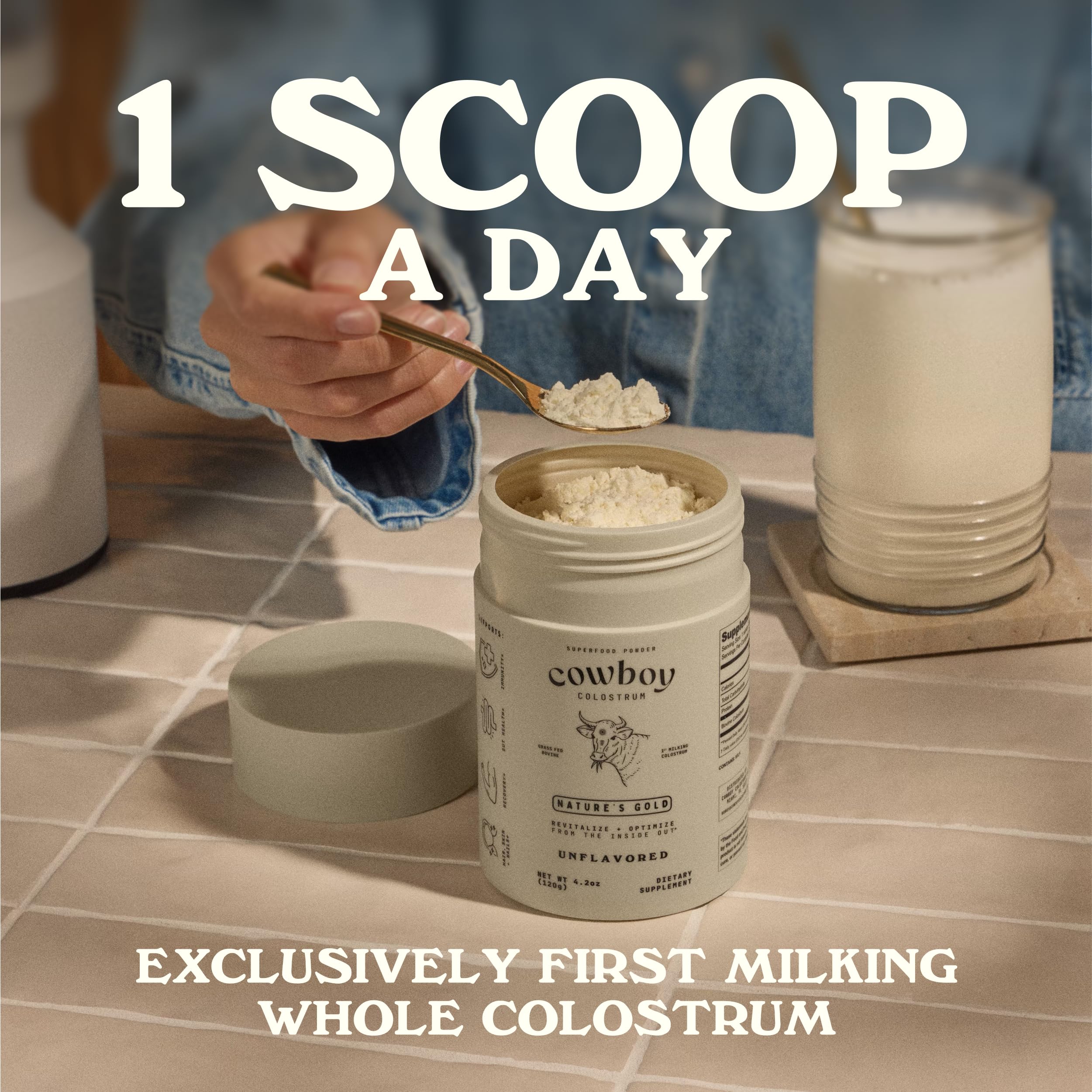 Cowboy - The Exclusive 1st Milking, Whole, Grass Fed Colostrum Supplement for Full Body Health - Bovine Colostrum Powder Packed w/Bioactive Nutrients - Sugar Free (Unflavored, 40 Servings)