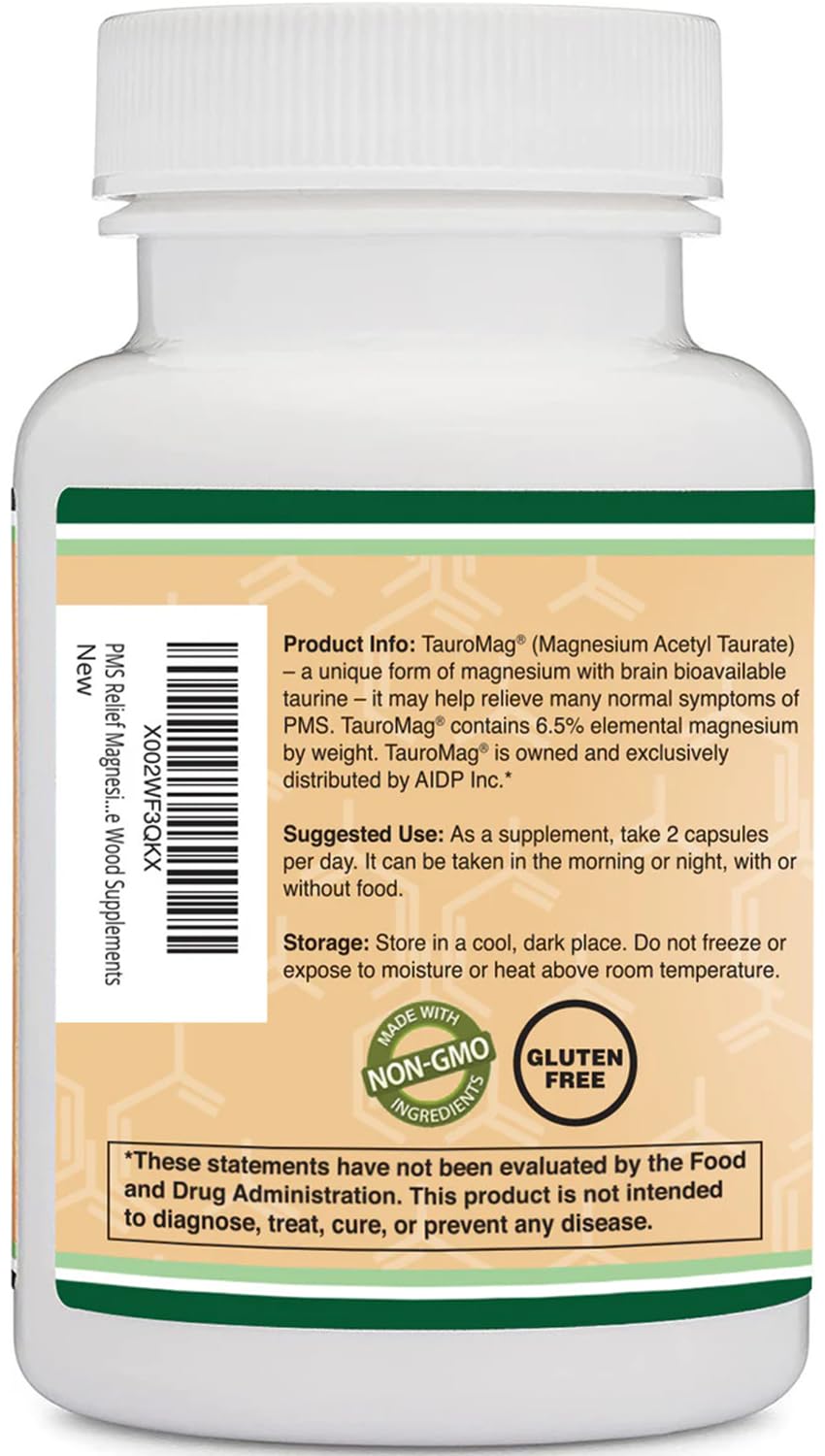 Magnesium Acetyl-Taurate (ATA MG, TauroMag) Novel and Patented Form of Magnesium for PMS and Cramp Relief (60 Capsules, 350mg) PMS Relief Magnesium Supplement by Double Wood Supplements