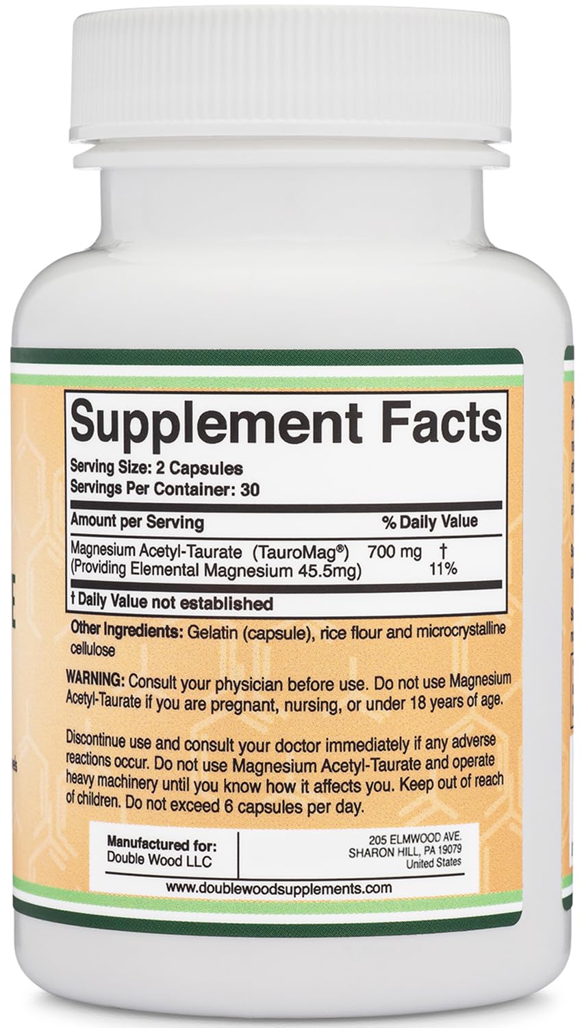 Magnesium Acetyl-Taurate (ATA MG, TauroMag) Novel and Patented Form of Magnesium for PMS and Cramp Relief (60 Capsules, 350mg) PMS Relief Magnesium Supplement by Double Wood Supplements