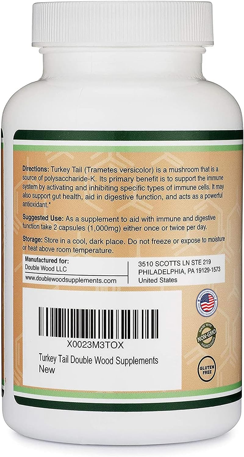 Turkey Tail Mushroom Supplement (120 Capsules - 2 Month Supply) (Coriolus Versicolor) Comprehensive Immune System Support, Non-GMO, Gluten Free, Grown and Encapsulated in The USA by Double Wood
